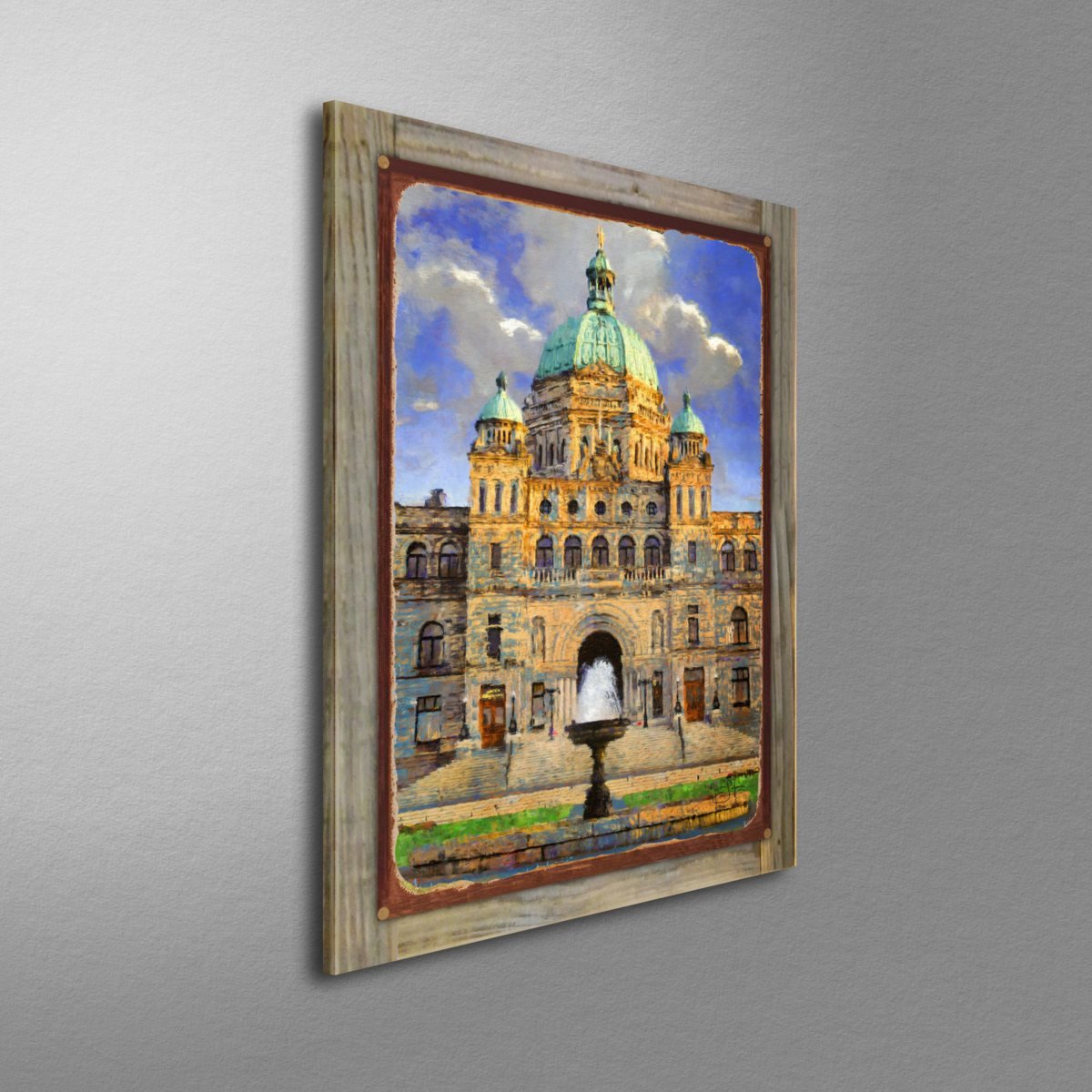 Rustic Metal Print of Victoria BC Parliament Building on Reclaimed Barn Wood - 17x23 Inch Canadian Artwork by Lisa Sofia Robinson - Perfect for Home Office & Cabin Decor
