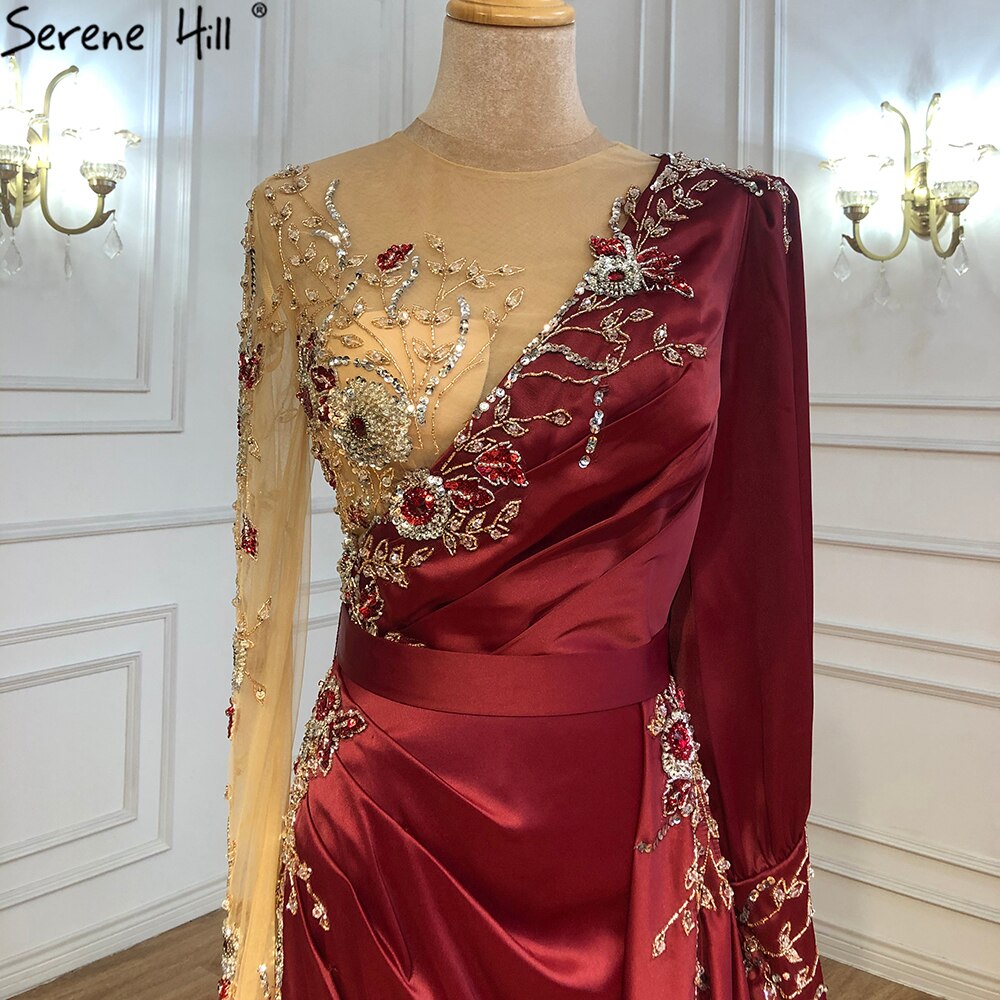 Elegant Muslim Wine Red Mermaid Evening Dress with Beading - 2025 Luxury Satin Gown for Women - Perfect for Parties, Weddings & Formal Events LA70990