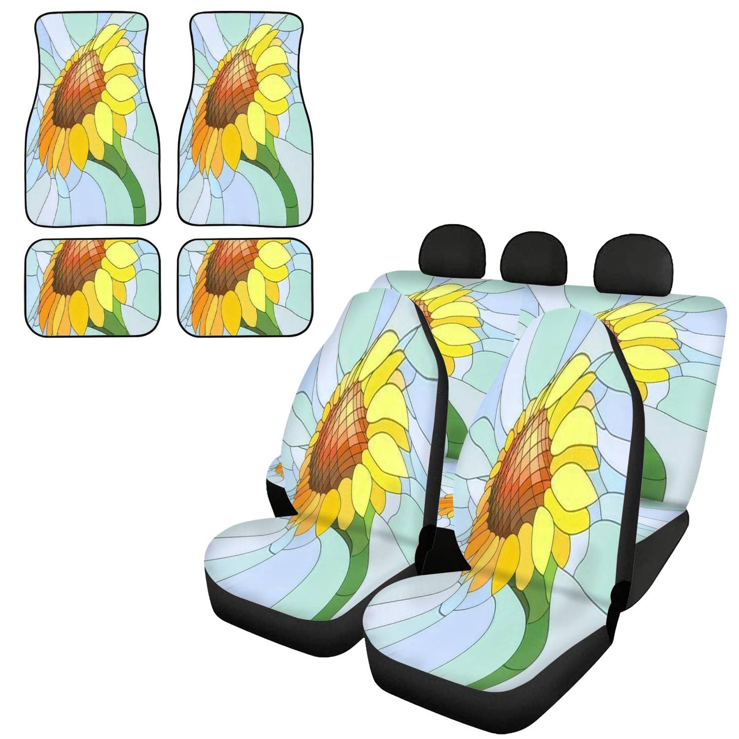Universal Yellow Sunflower Mosaic Car Seat Covers Set - 4-Piece Light Blue Car Floor Mats, Front & Rear Seat Protectors with Headrest Covers | Durable Auto Interior Decor for Sedans, SUVs & Trucks