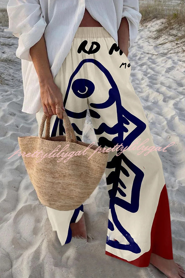 Stylish Marine Print Elastic Waist Loose Pocket Pants for Women - Comfortable Beachwear & Casual Summer Outfits