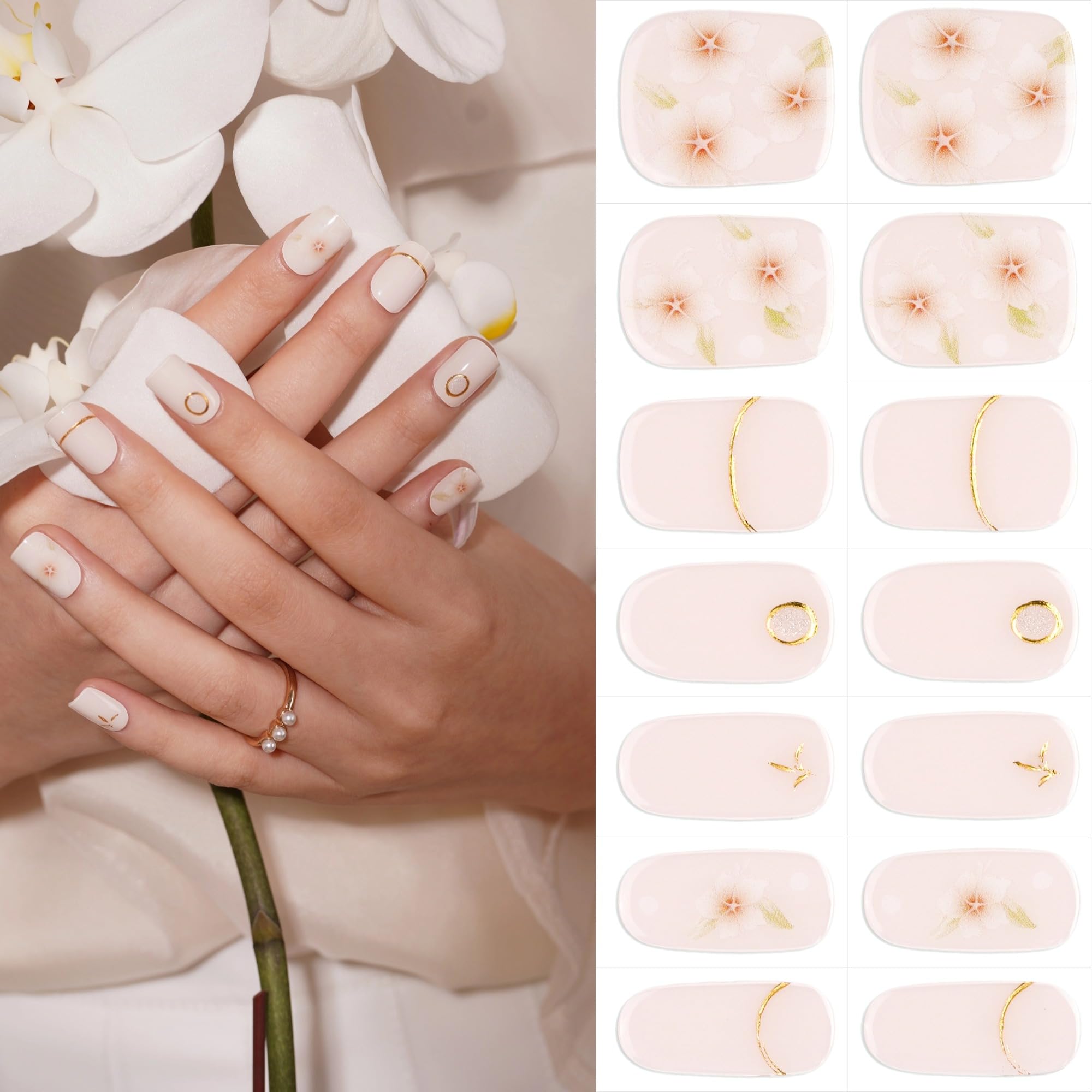 DANNI & TONI Semi Cured Gel Nail Strips - Floral Spring Design, Nude Gel Nail Stickers with 28 Pieces | DIY Manicure at Home for Parties, Weddings & Everyday Wear