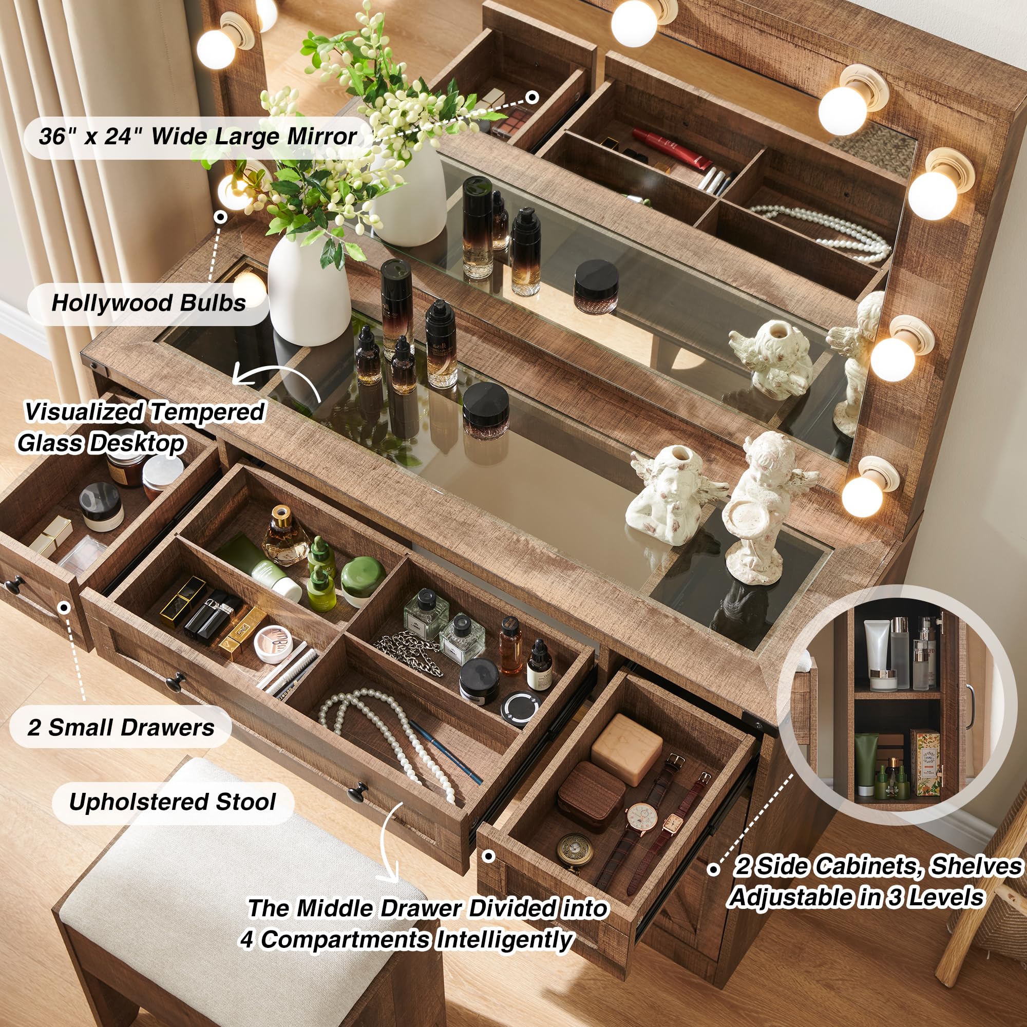 Farmhouse Makeup Vanity Desk with Mirror and Lights - 43