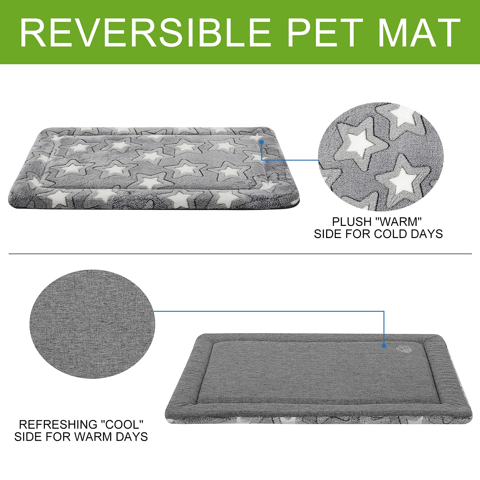 Reversible Dog Crate Mat - Cooling & Warming Kennel Pad for Large, Medium & Small Dogs | Machine Washable Pet Bed | Grey | Perfect for Crates, Carriers & Indoor Use