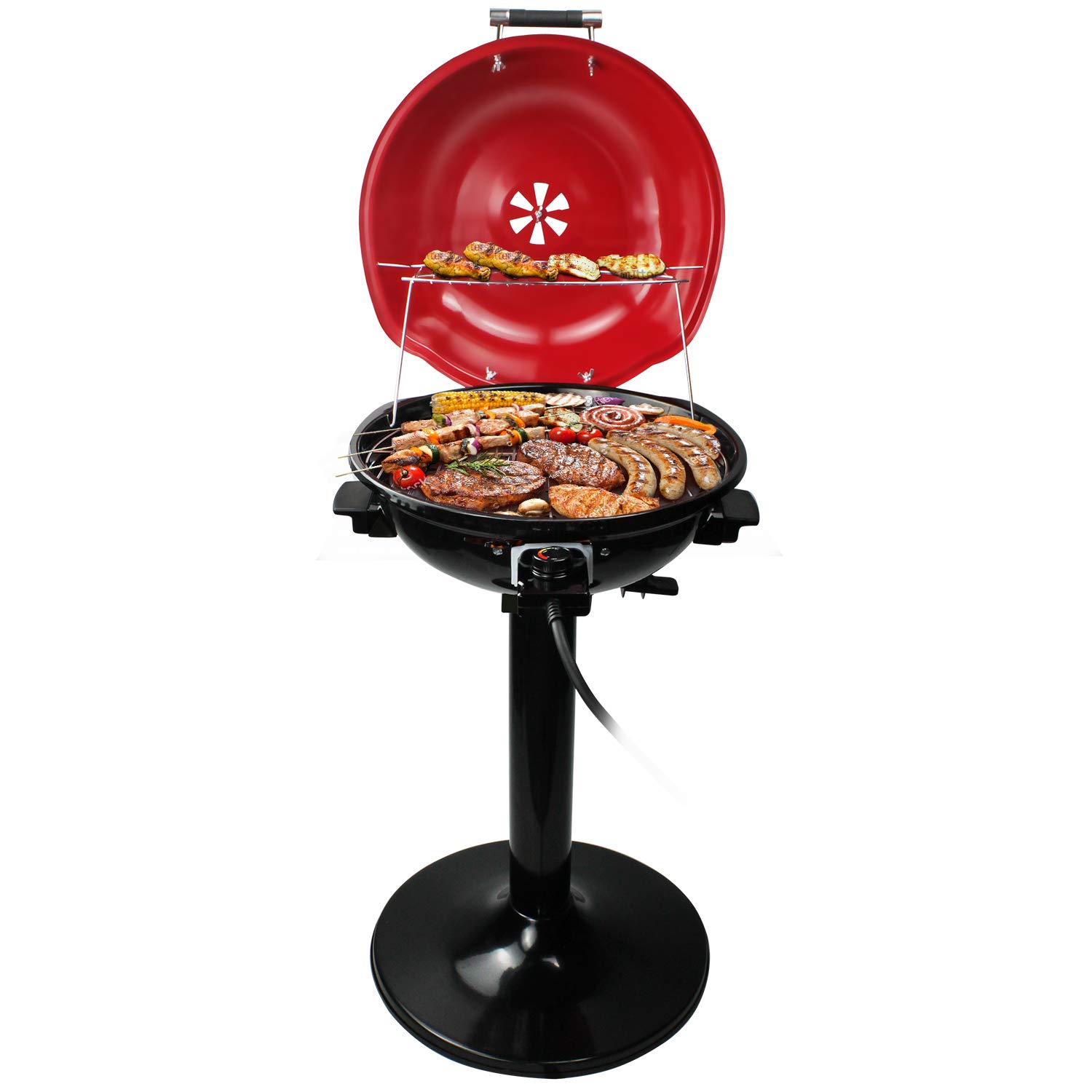 Techwood 1600W Electric Grill for Indoor & Outdoor Use - Portable BBQ Grill with Removable Stand, Perfect for Backyard, Camping & Patio Cooking (Red)