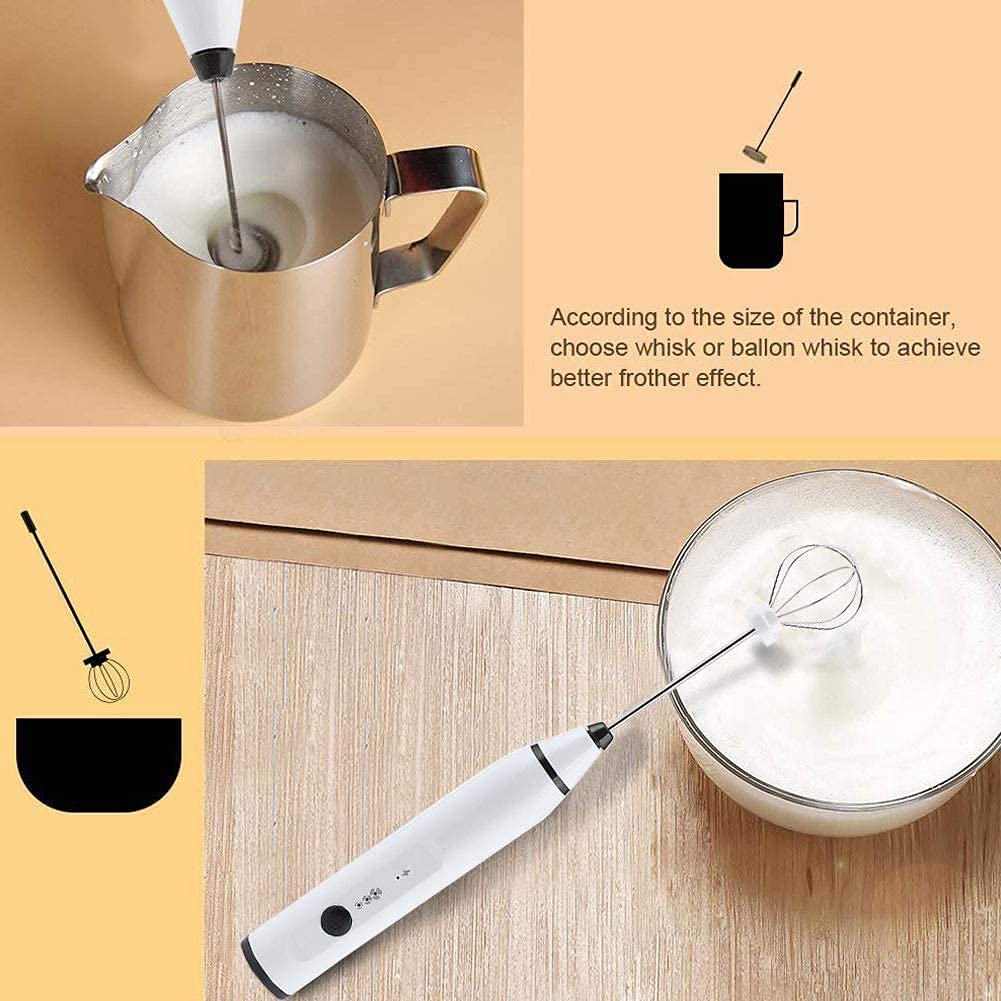 Rechargeable Electric Milk Frother with 2 Stainless Steel Whisk Attachments - 3-Speed Adjustable Handheld Blender for Coffee, Latte, Cappuccino, Hot Chocolate & Matcha - Perfect for Home Baristas, Office Use & Kitchen Essentials