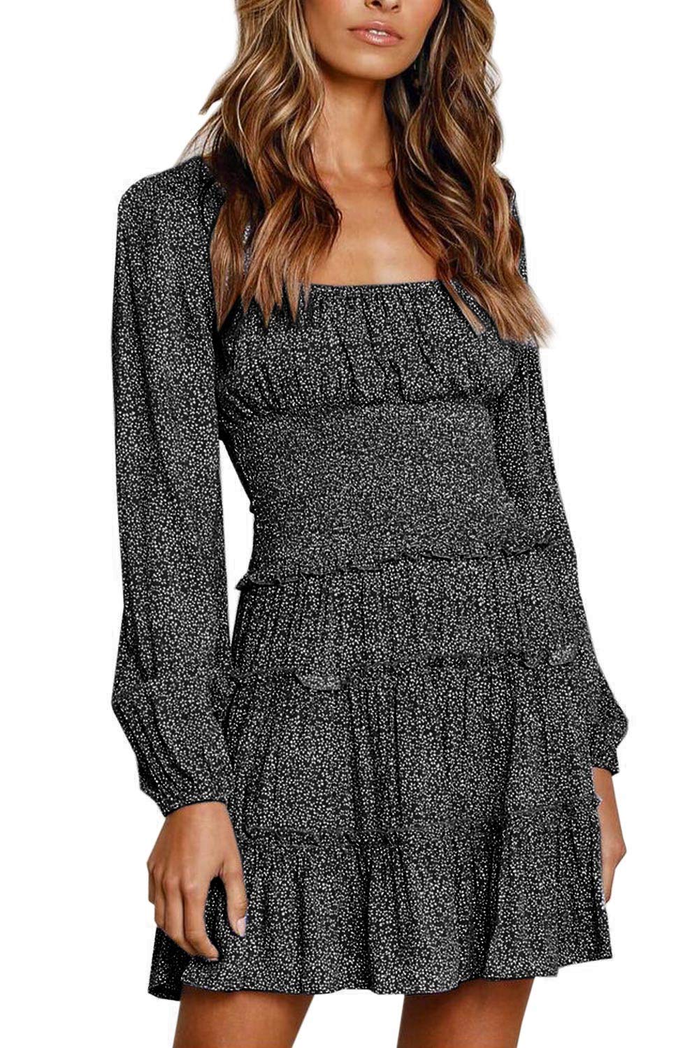 Futurino Women's Floral Print Square Neck Long Sleeve Ruffle Boho Mini Dress in Light Blue | Casual Summer Dress for Beach, Party & Date Night