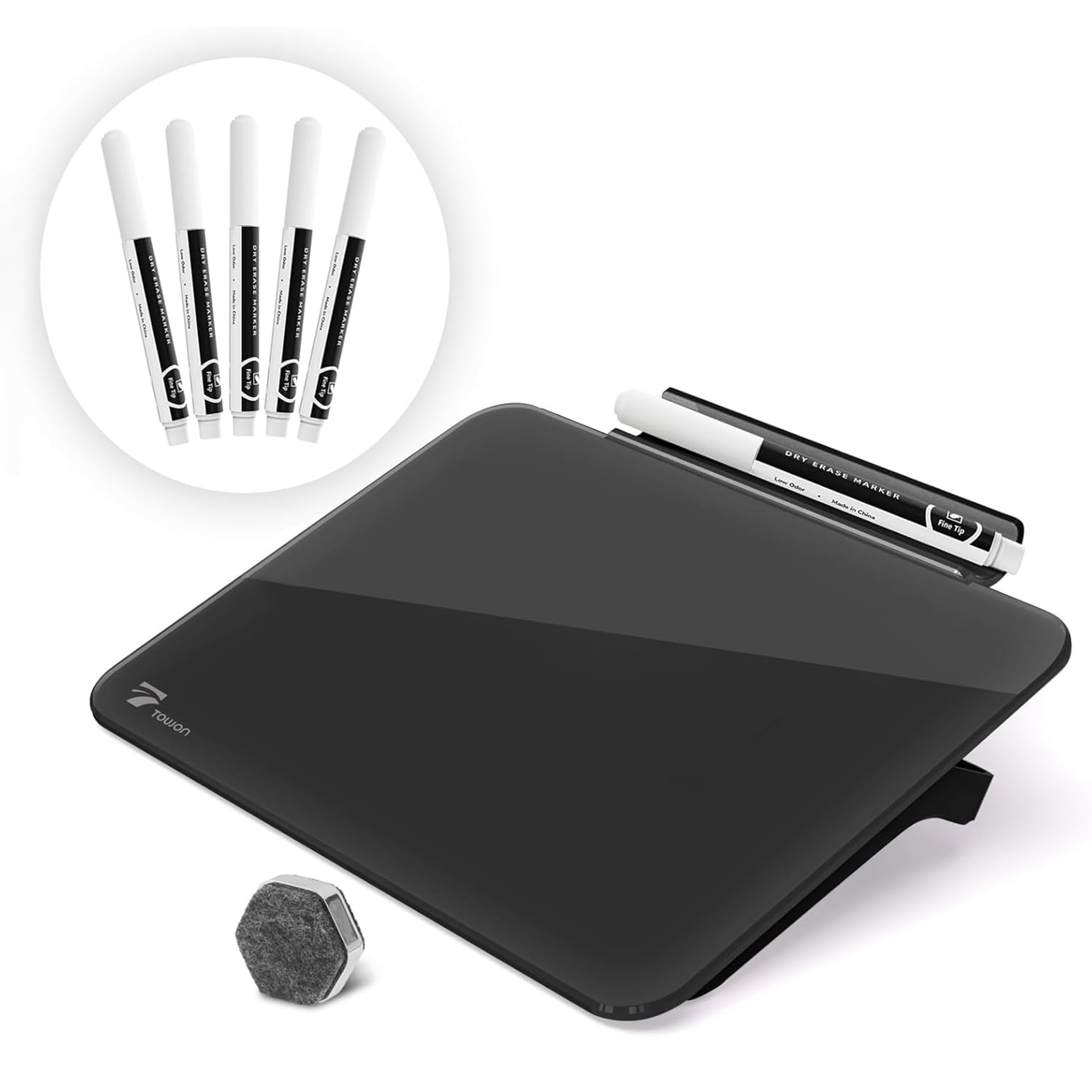 TOWON 8x6 Inches Small Glass Dry Erase Board - Portable Standing Desk Whiteboard with Mini Easel Pad Set - Perfect for Office, Home & School Use - Black (Ideal for Meetings, Notes, Planning & Creative Work)