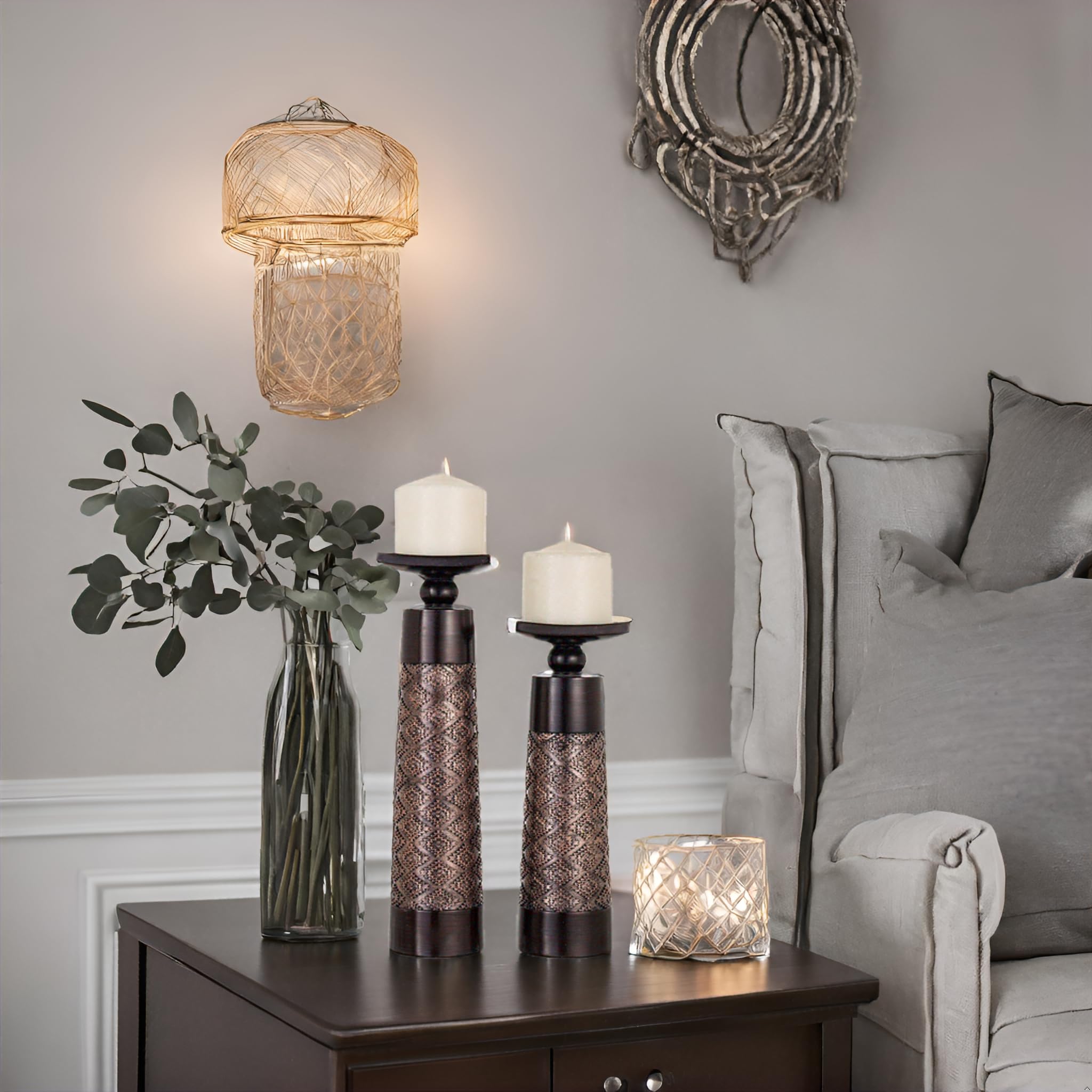 Creative Scents Dublin Brown Pillar Candle Holder Set of 2 - Elegant Home Decor for Coffee Table, Mantel & Dining Room - Perfect Centerpiece Gift Set for Cozy Living Spaces & Romantic Ambiance