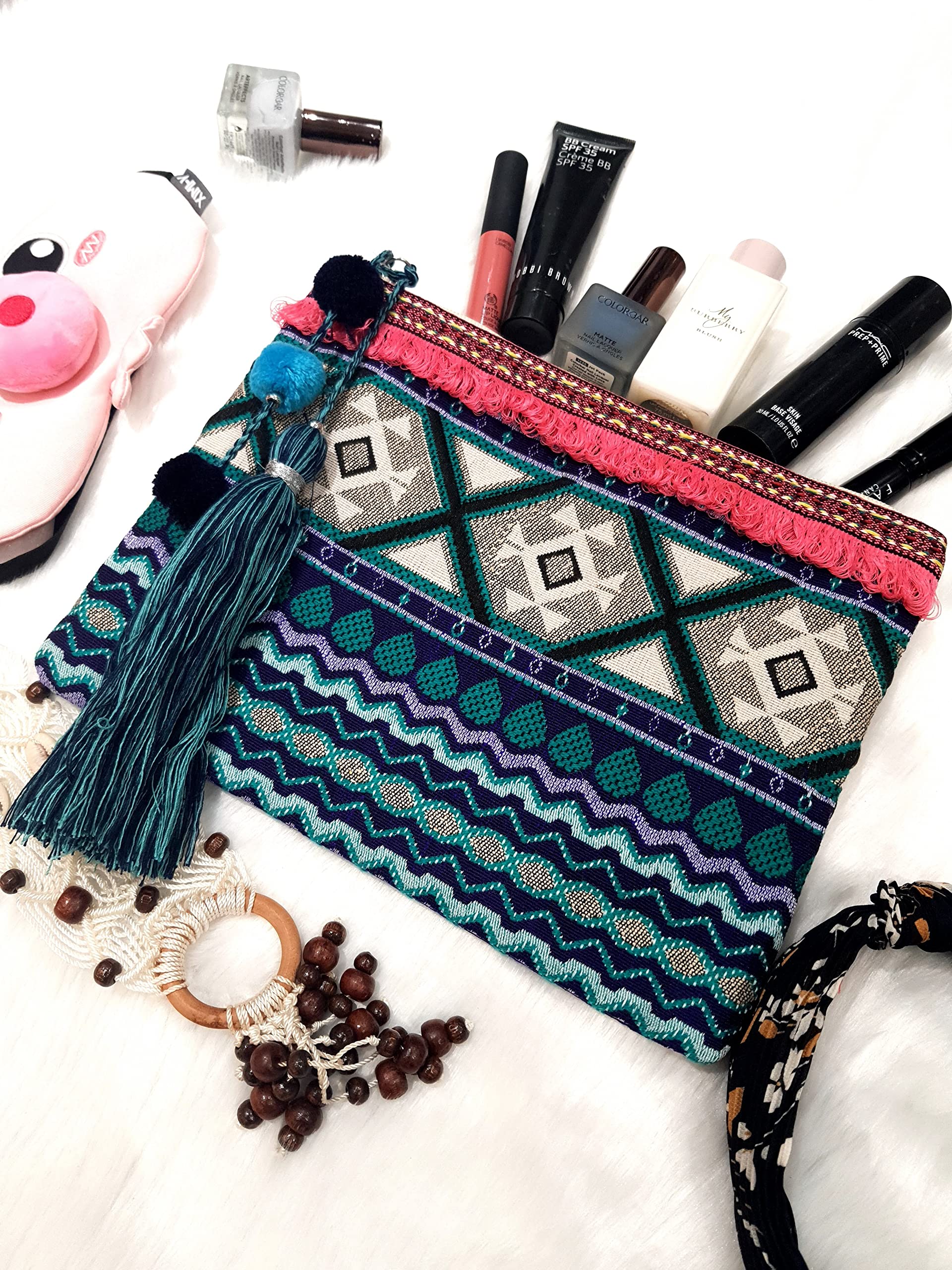 ASTRID 20cm Blue Cotton Makeup Pouch with Tassels - Travel Cosmetic Bag for Women, Perfect for Toiletries, Jewelry & Accessories Organization (Ideal for Vacation, Gym & Daily Use)