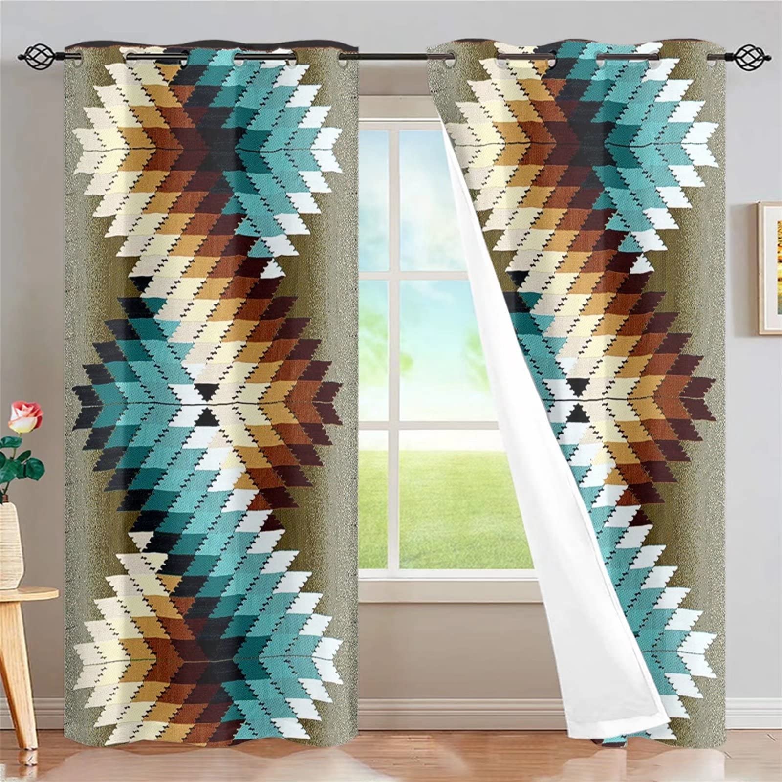 Dreaweet Native Indian Aztec Pattern Thermal Insulated Grommet Curtains 52x63 Inch - 2 Panels Southwestern Style Window Drapes for Bedroom, Living Room & Office - Soft Blackout Curtains for Privacy & Energy Efficiency
