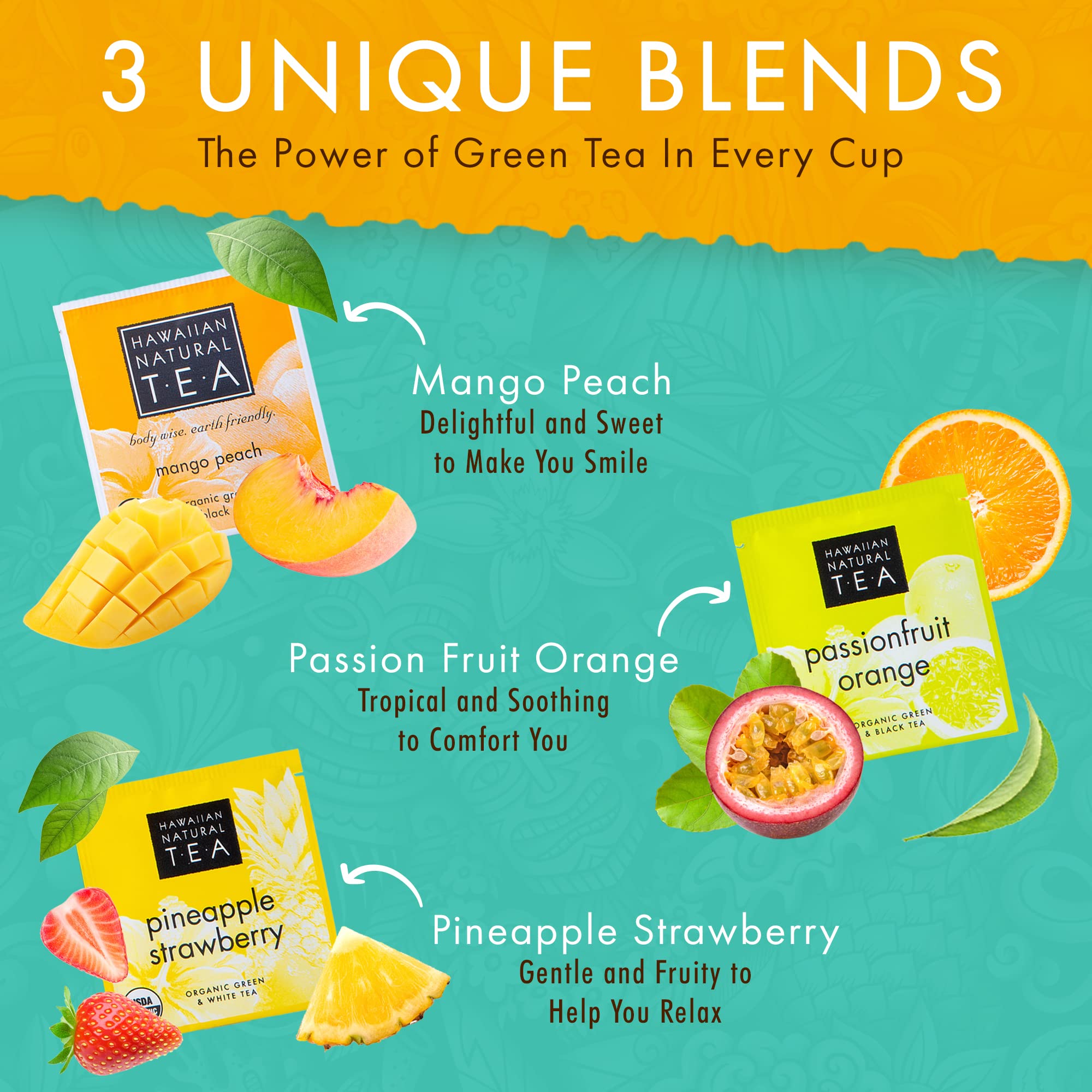 Organic Hawaiian Tropical Fruit Tea Sampler - Green, Black & White Tea Blends - 24 Tea Bags Gift Box for Tea Lovers - Perfect for Relaxation, Gifts & Afternoon Tea Time