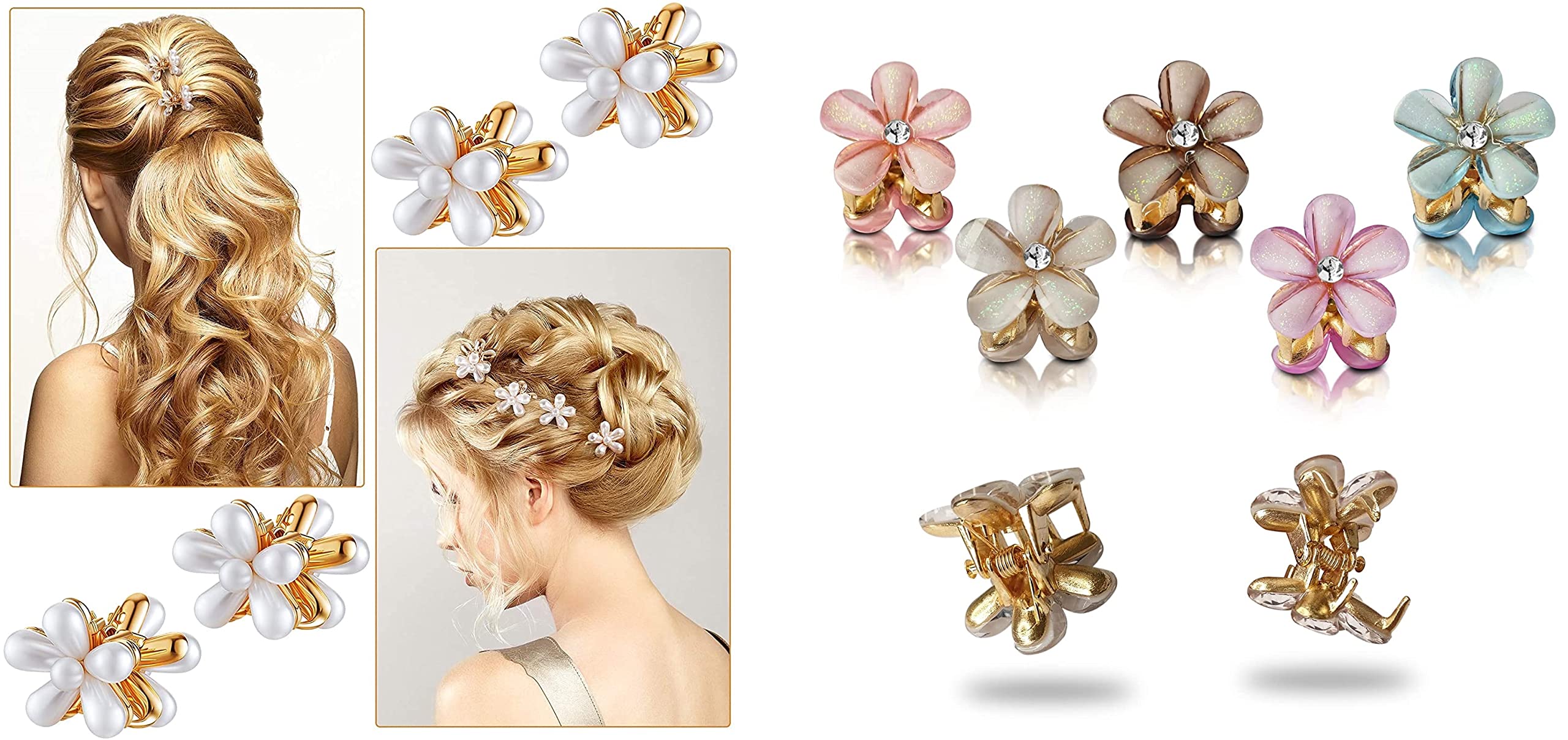 Elegant White Pearl & Colorful Flower Hair Clips Set - 10pcs Mini Hairpins for Women & Girls (5 Pearl + 5 Colorful) - Perfect for Weddings, Parties, Prom, Bridal Accessories & Everyday Hairstyles