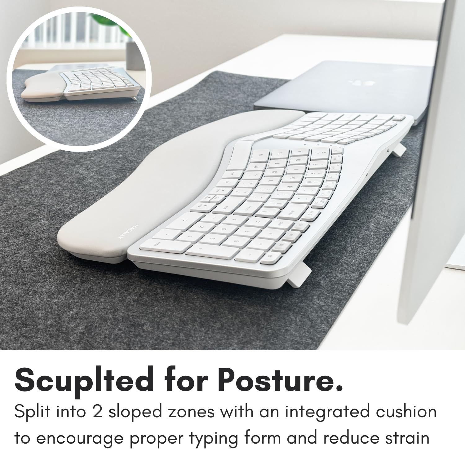 Macally Backlit Bluetooth Ergonomic Keyboard for Mac - Wireless Rechargeable Split Design with 100-Key MacOS Layout - Compatible with MacBook Pro/Air & iMac - Ideal for Office Work, Long Typing Sessions & Home Use