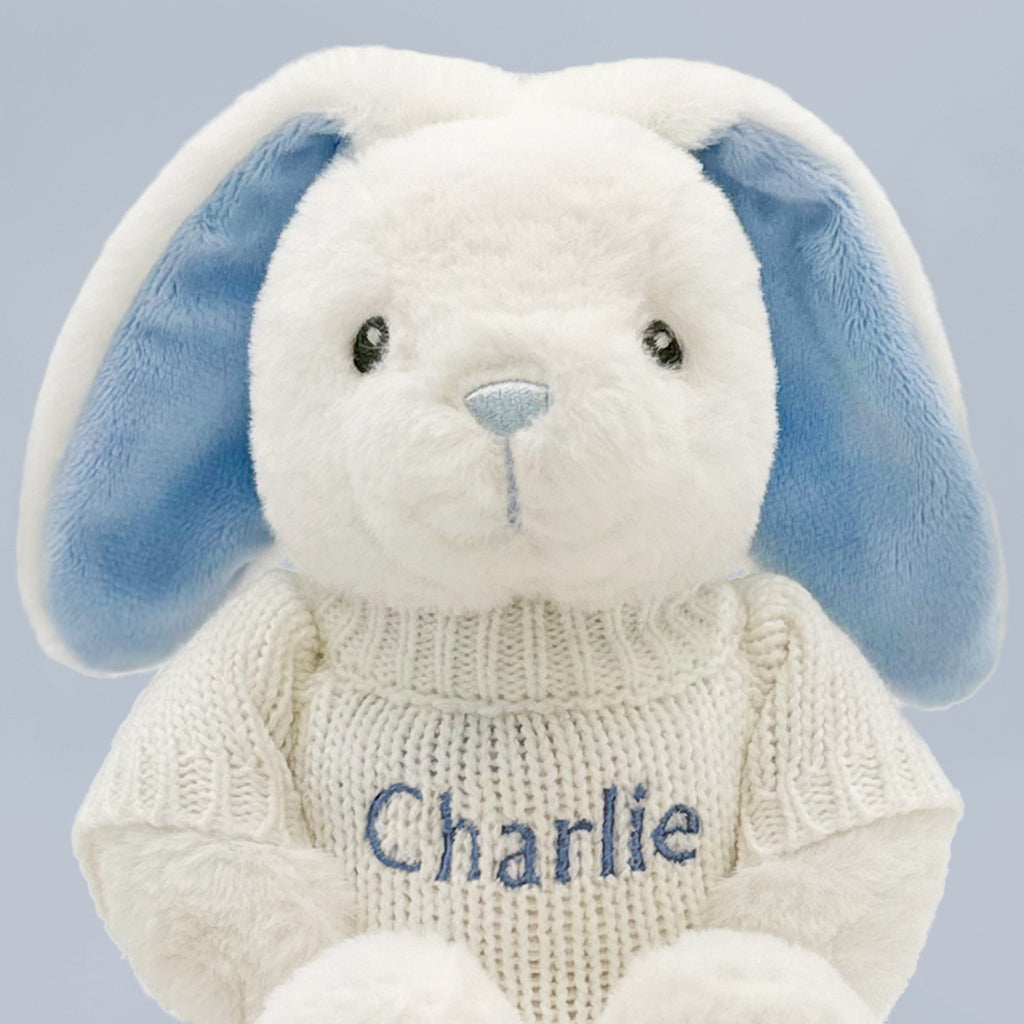 Personalized Baby Bunny Plush Toy with Blue Jumper - Soft & Cuddly Gift for Newborns, Baby Showers & Nursery Decor