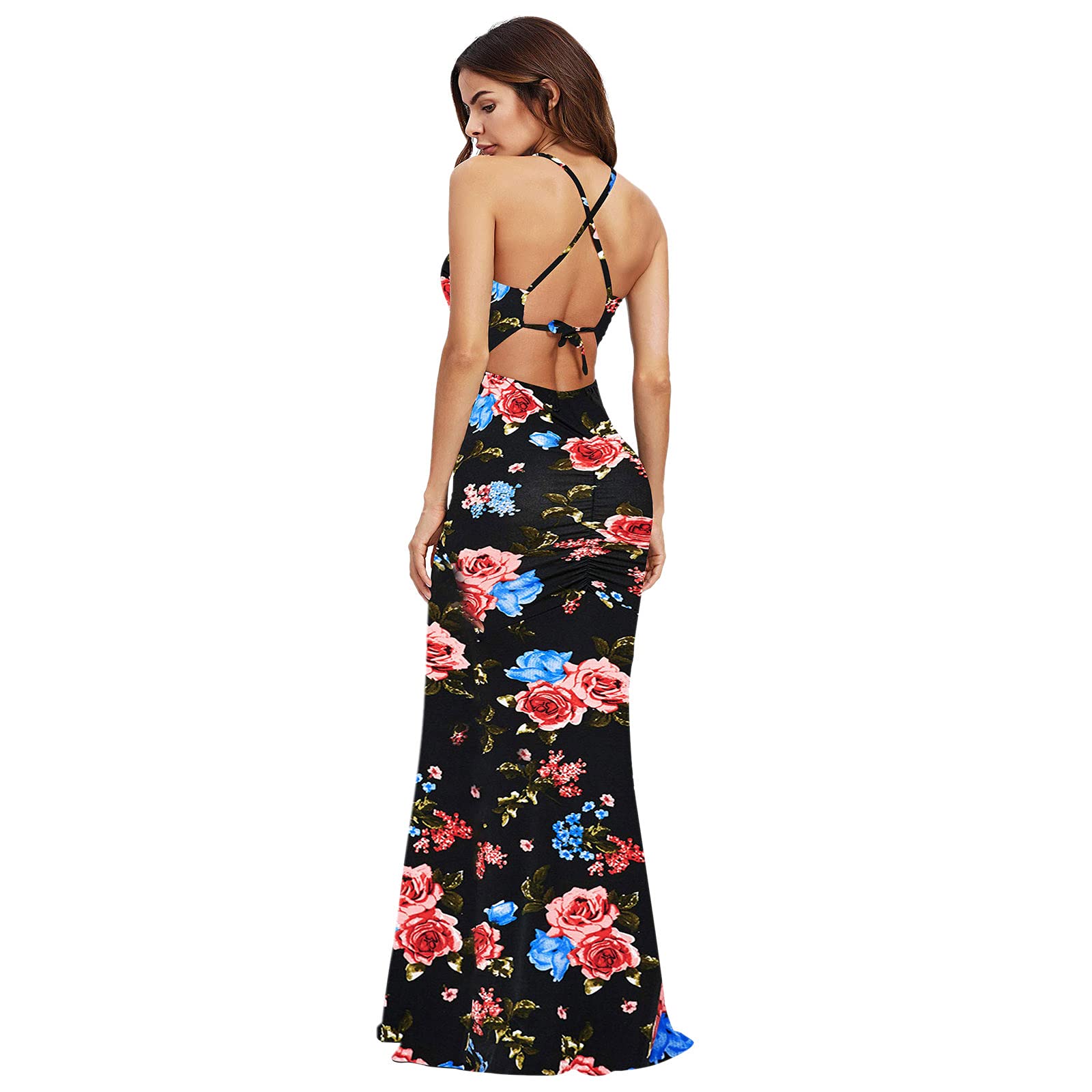 Floral Print O-Neck Sexy Backless Evening Dress for Women - Strappy Maxi Party Dress with Short Sleeves - Perfect for Summer Weddings, Cocktail Parties & Date Nights
