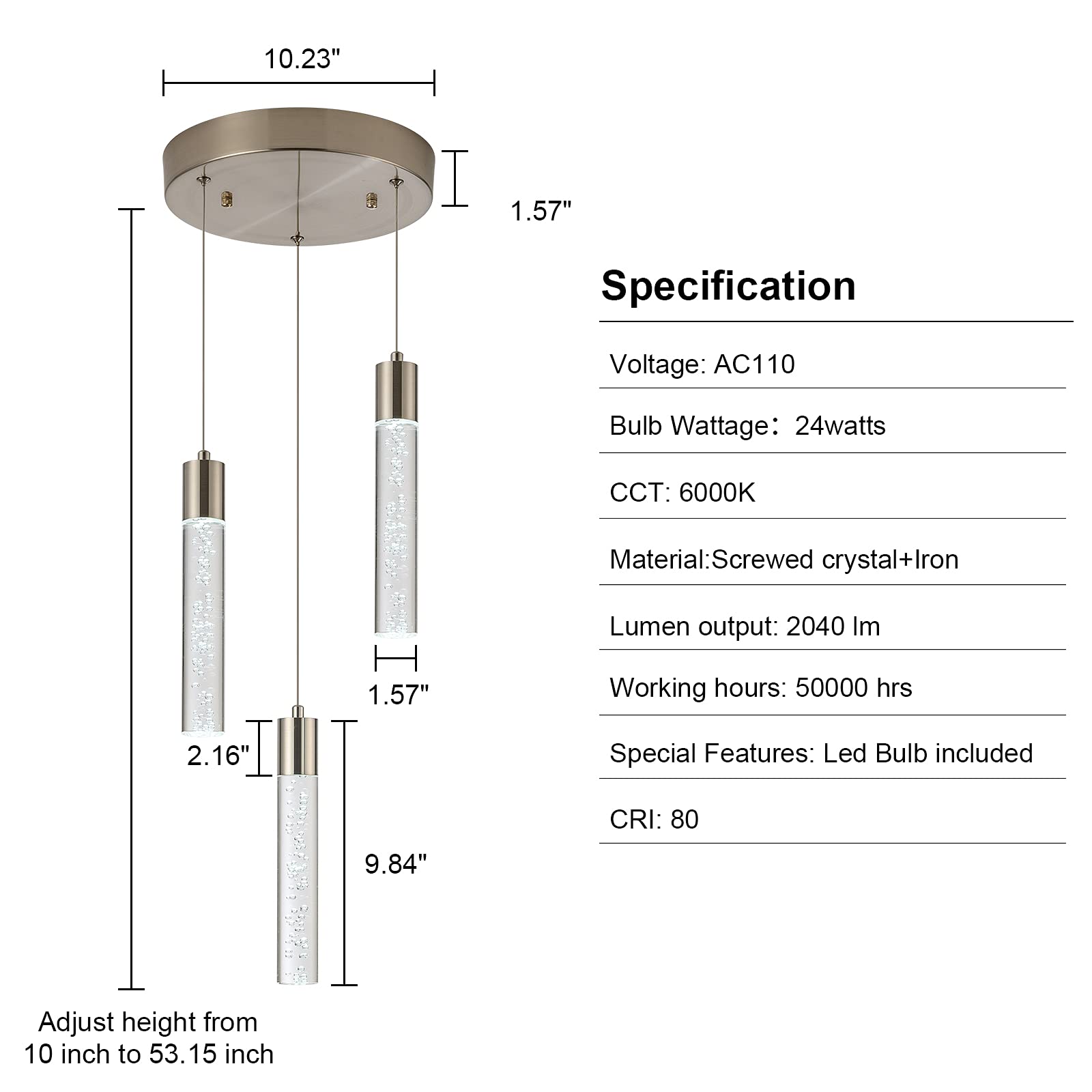 3-Light Pendant Lighting Fixture - Modern Satin Nickel Ceiling Light with Dimmable LED Bulbs, Crystal Bubble Chandelier for Kitchen Island, Dining Room, Living Room & Restaurant Decor (6000K Daylight White) - Perfect for Contemporary Home & Commercial Spaces