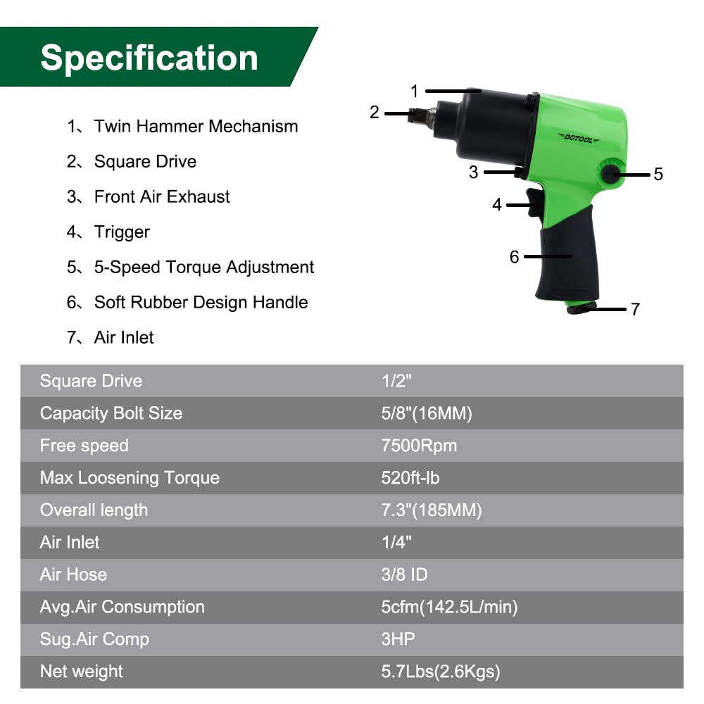 1/2 Inch Heavy Duty Air Impact Wrench - 5-Speed Pneumatic Impact Gun with 520ft-Lbs Max Torque & Twin Hammer Technology for Auto Repair, Tire Changes, and Mechanical Maintenance (Ideal for Professional Mechanics & DIY Car Enthusiasts)