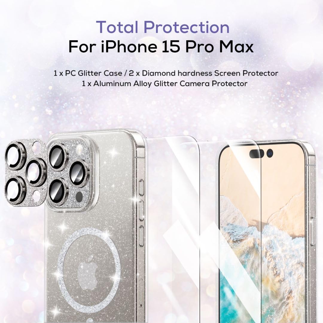 Hoerrye iPhone 15 Pro Max Case for Women - MagSafe Compatible with 2 Tempered Glass & 1 Metal Camera Lens Protector | Clear Glitter Magnetic Protective Cover | Perfect for Everyday Use, Work & Travel