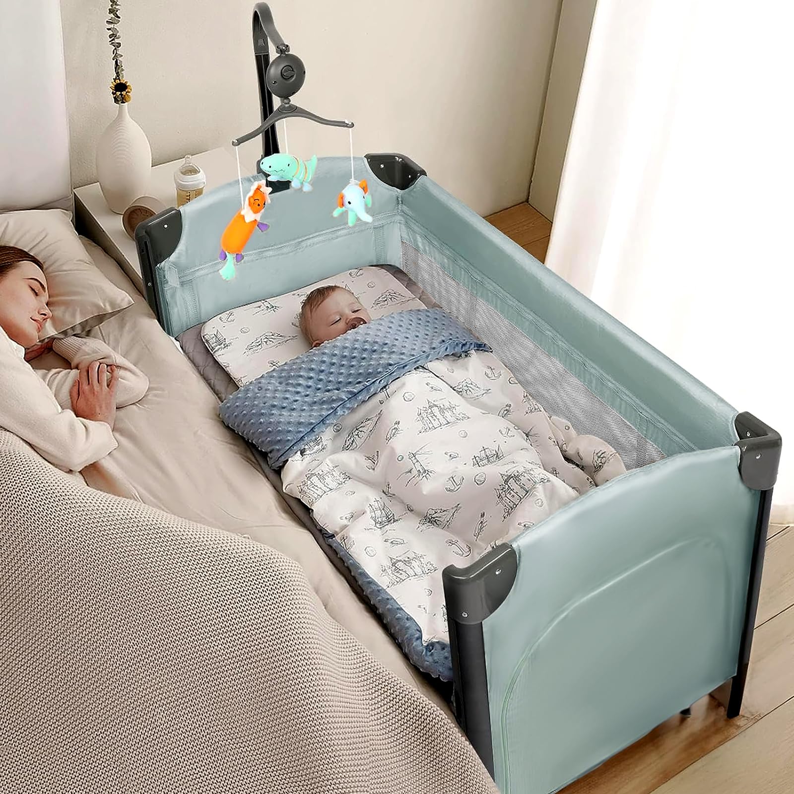 JOYMOR 3-in-1 Baby Bedside Bassinet & Sleeper with Mattress - Convertible to Playpen & Portable Travel Crib | Includes Toy, Wheels, Brake & Carry Bag | Perfect for Newborns, Nursery & On-the-Go Parents
