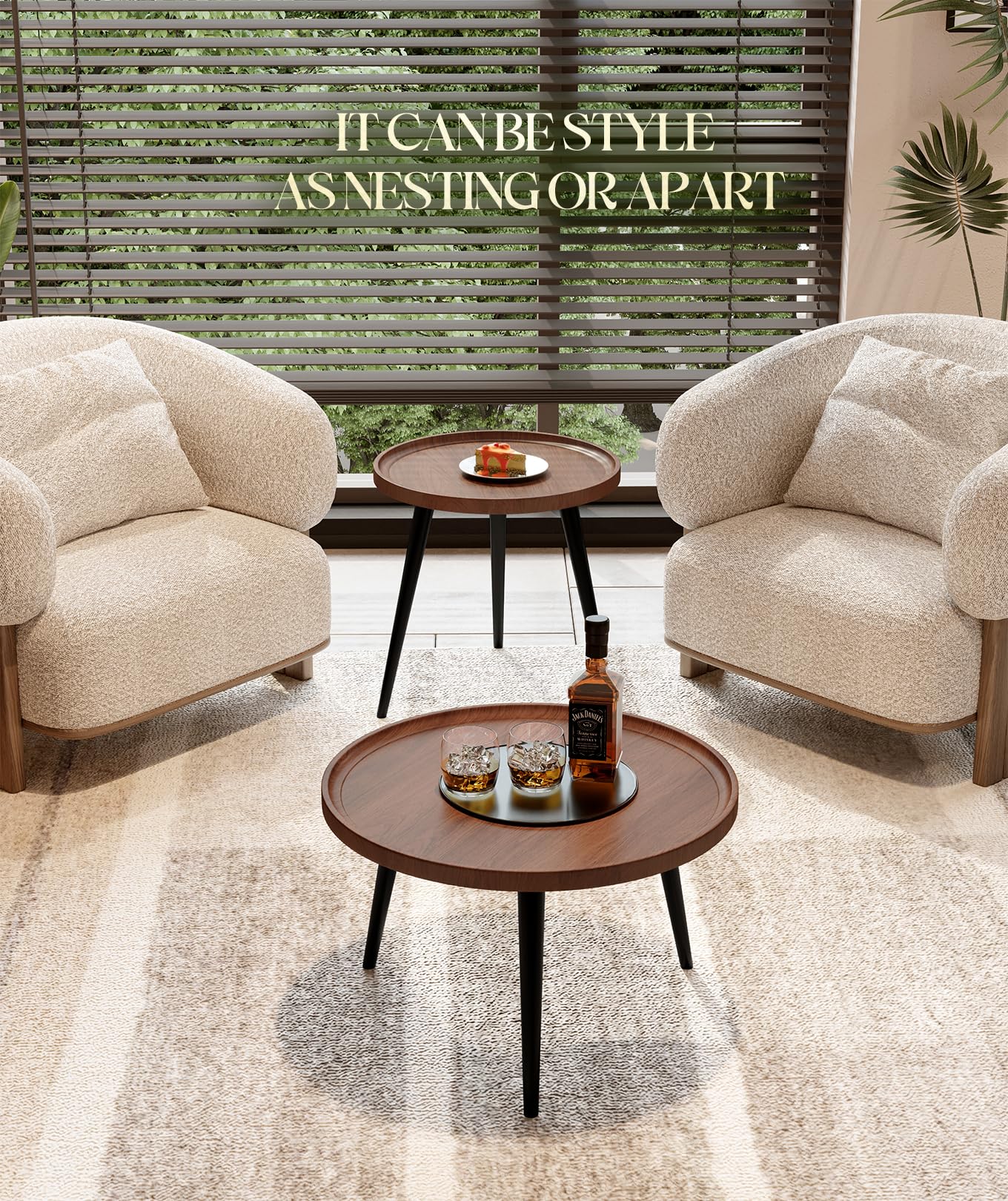 2-Piece Mid Century Modern Round Walnut Coffee Table Set - Easy Assembly Nesting Living Room Tables - Small Circle Side Tables for Sofa, Bedside, Office & Balcony - Perfect for Small Spaces & Home Decor
