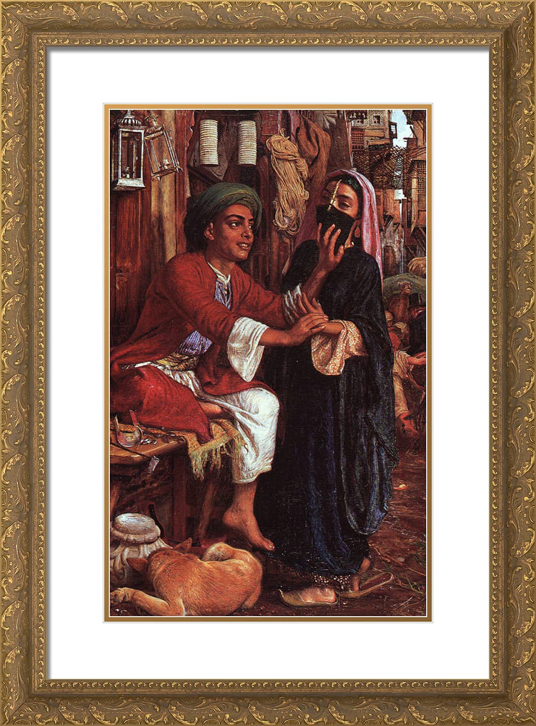 The Lantern Maker's Courtship II - William Holman Hunt 18x24 Gold Ornate Framed Art Print with Double Matting | Victorian Romantic Wall Decor for Living Room, Bedroom & Office