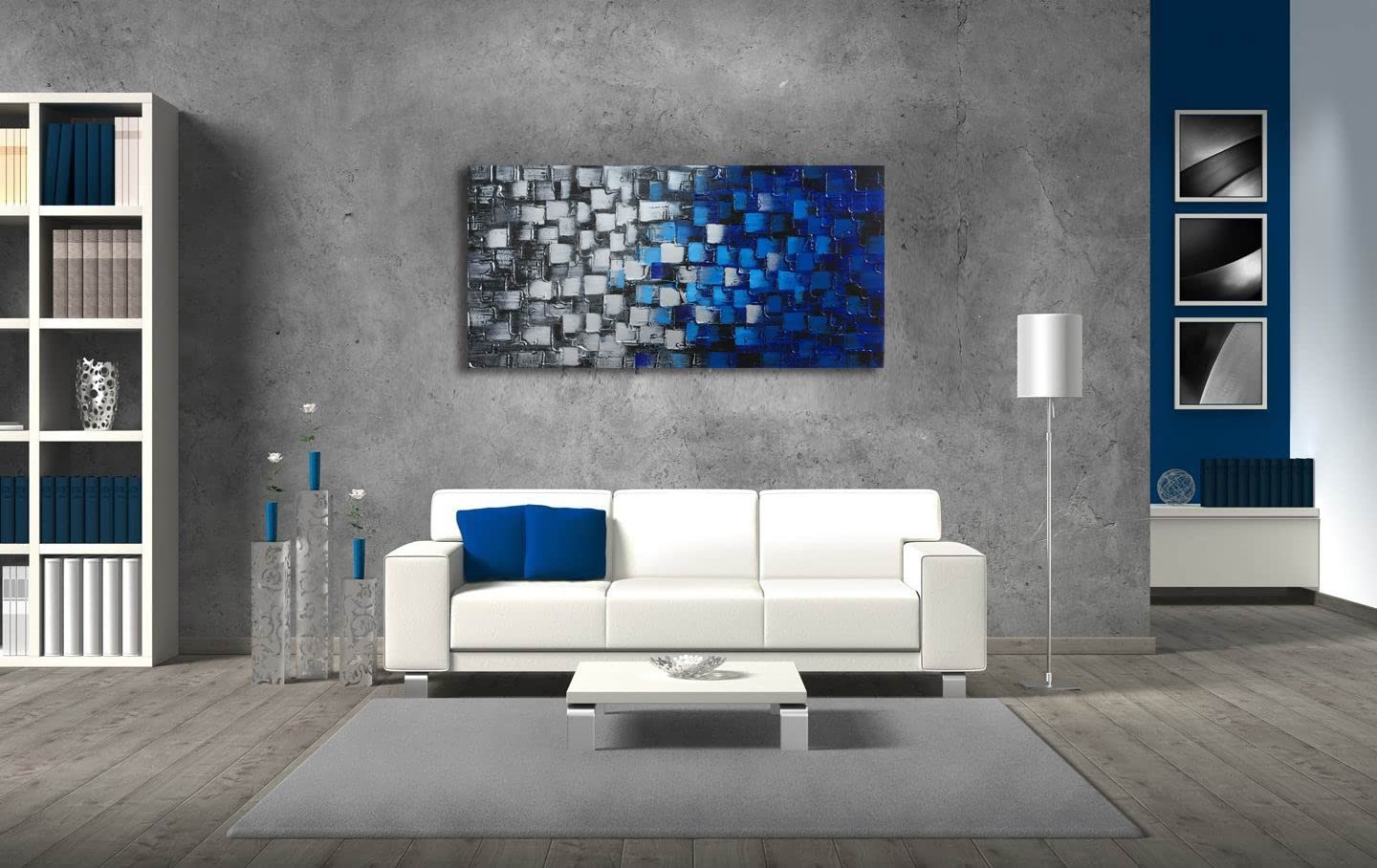 Large Textured Abstract Canvas Wall Art - Hand Painted Modern Dark Blue & Silver Squares Oil Painting - 60x30 Inch Framed Ready to Hang - Perfect for Living Room, Bedroom & Office Decor