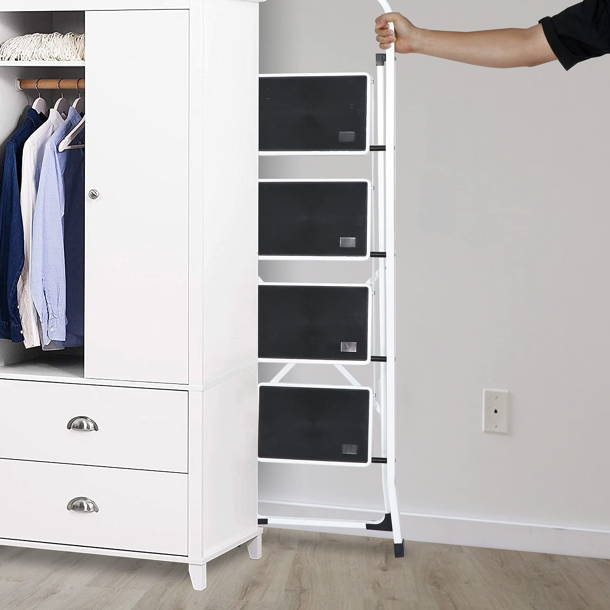 Folding 4 Step Ladder with Wide Anti-Slip Pedals & Handgrip - Portable Lightweight Stool for Home, Kitchen, Office - Sturdy Storage Shelf Rack in White & Black - Perfect for Reaching High Shelves and Home Organization