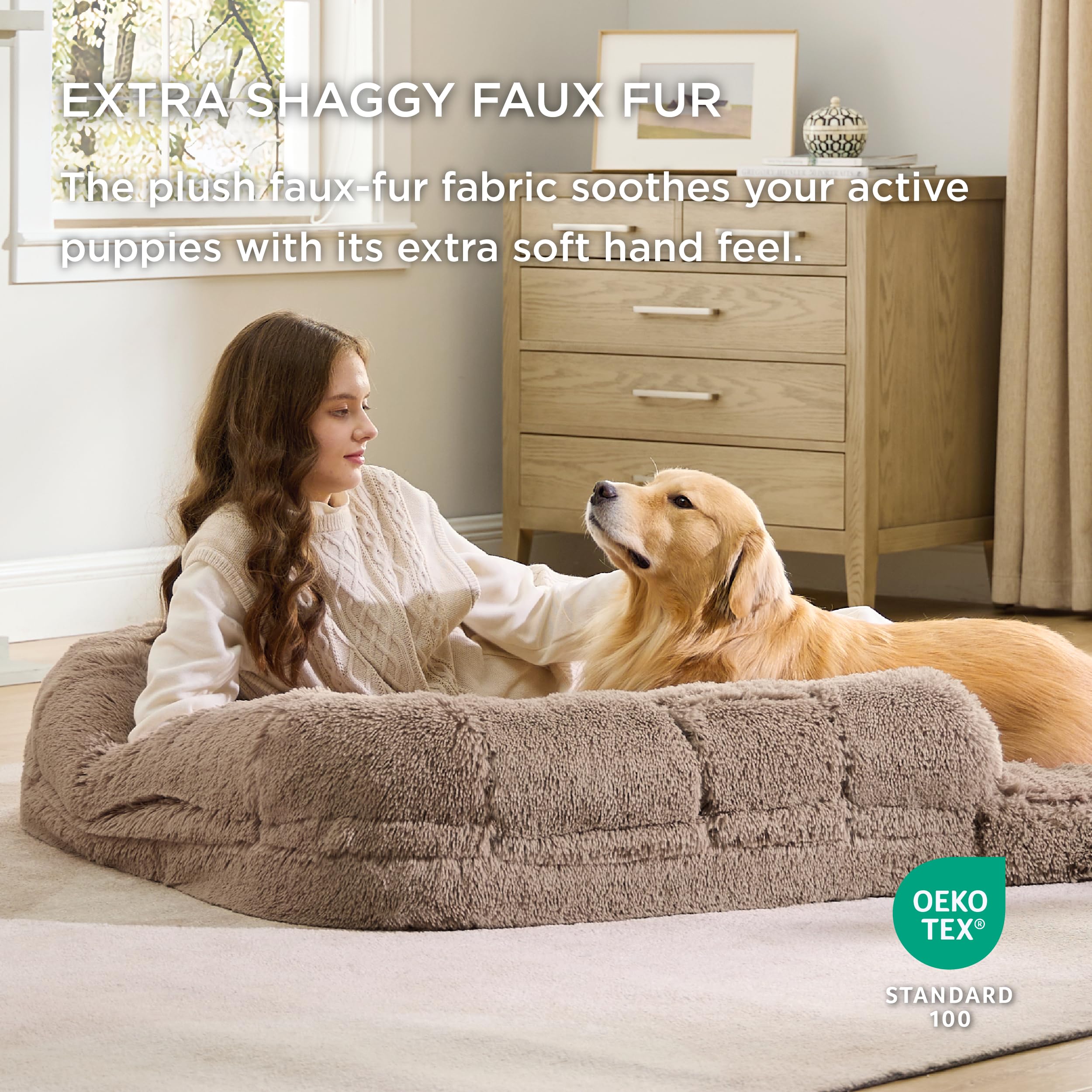 Bedsure 2-in-1 Foldable Orthopedic Dog Bed for Large Dogs & Humans - Extra Large Calming Pet Sofa with Egg Crate Foam Support, Waterproof Liner & Soft Faux Fur Cover - Perfect for Living Room, Bedroom or Travel (Camel)
