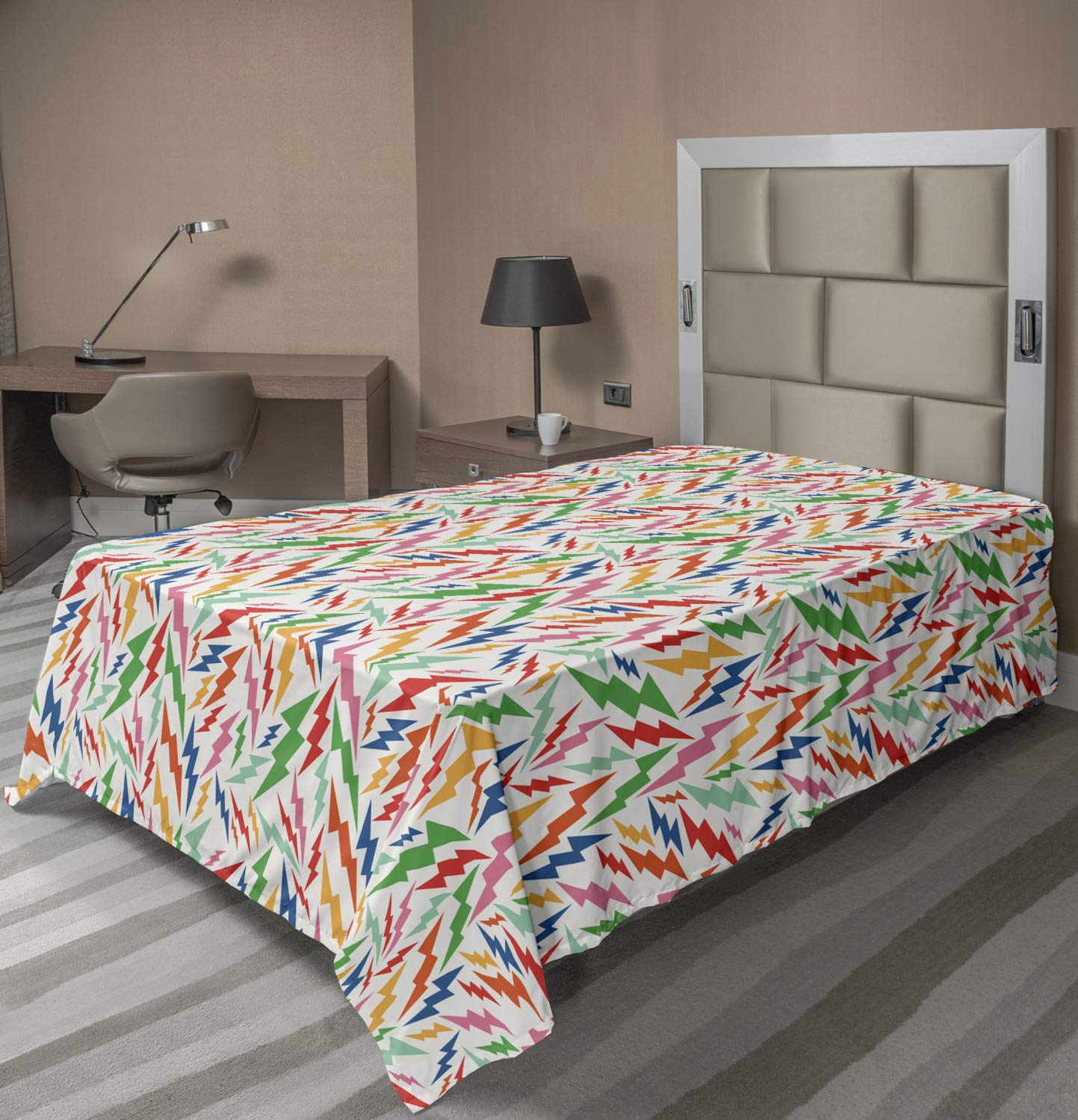 Ambesonne Colorful Twin Flat Sheet - Retro Thunder Bolt Design for Teens & Youth - Soft Bedding for Dorm Rooms