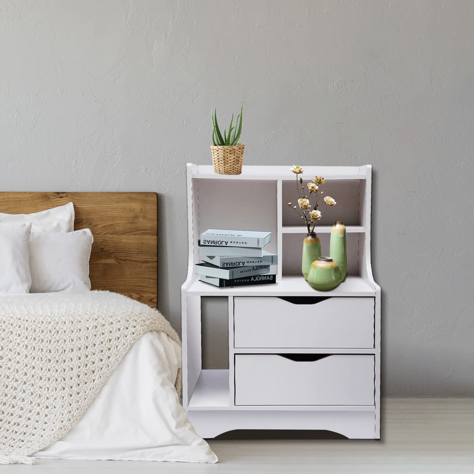 White Wood Nightstand with 2 Drawers - Bedside Table for Bedroom & Living Room Storage