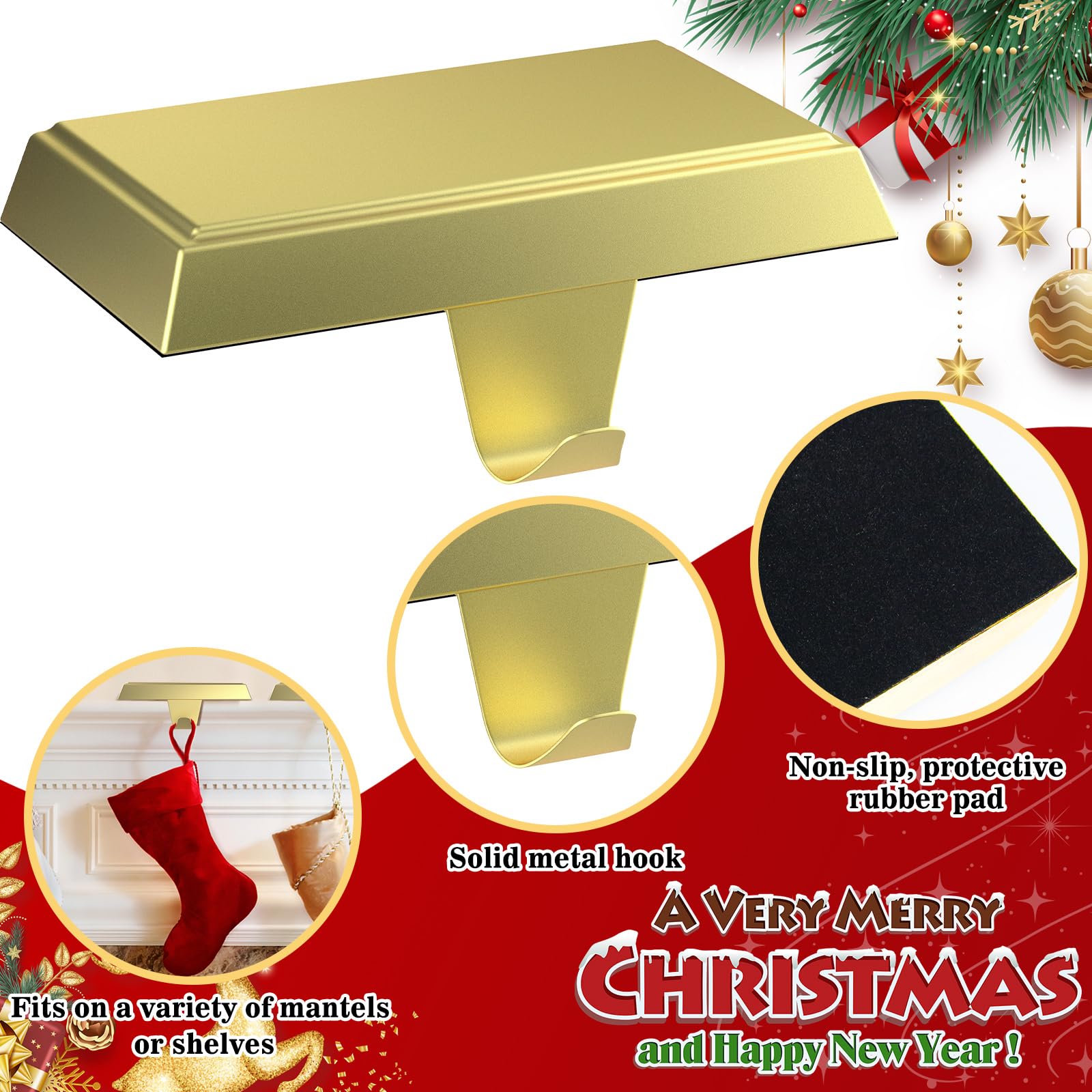 4 Pack Christmas Stocking Holder Bases - Heavy Duty Mantel Hooks for Fireplace, Weighted Stocking Hangers for Holiday Decorations (Gold, Black) - Perfect for Xmas Tree, Fireplace Mantel & Festive Home Decor