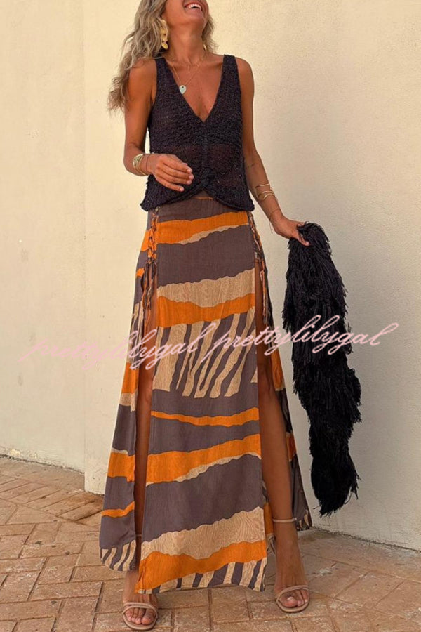 Bendita Women's Colorblock Print Maxi Skirt with Elastic Waist & Side Lace-Up Slit - Boho Flowy Beach Skirt for Summer Vacations & Casual Outings