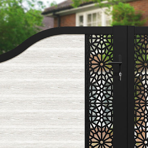 Classic Alnara Curved Top Driveway Gate - Light Stone Finish with Middle Screen - Elegant Entryway Solution for Homes & Estates