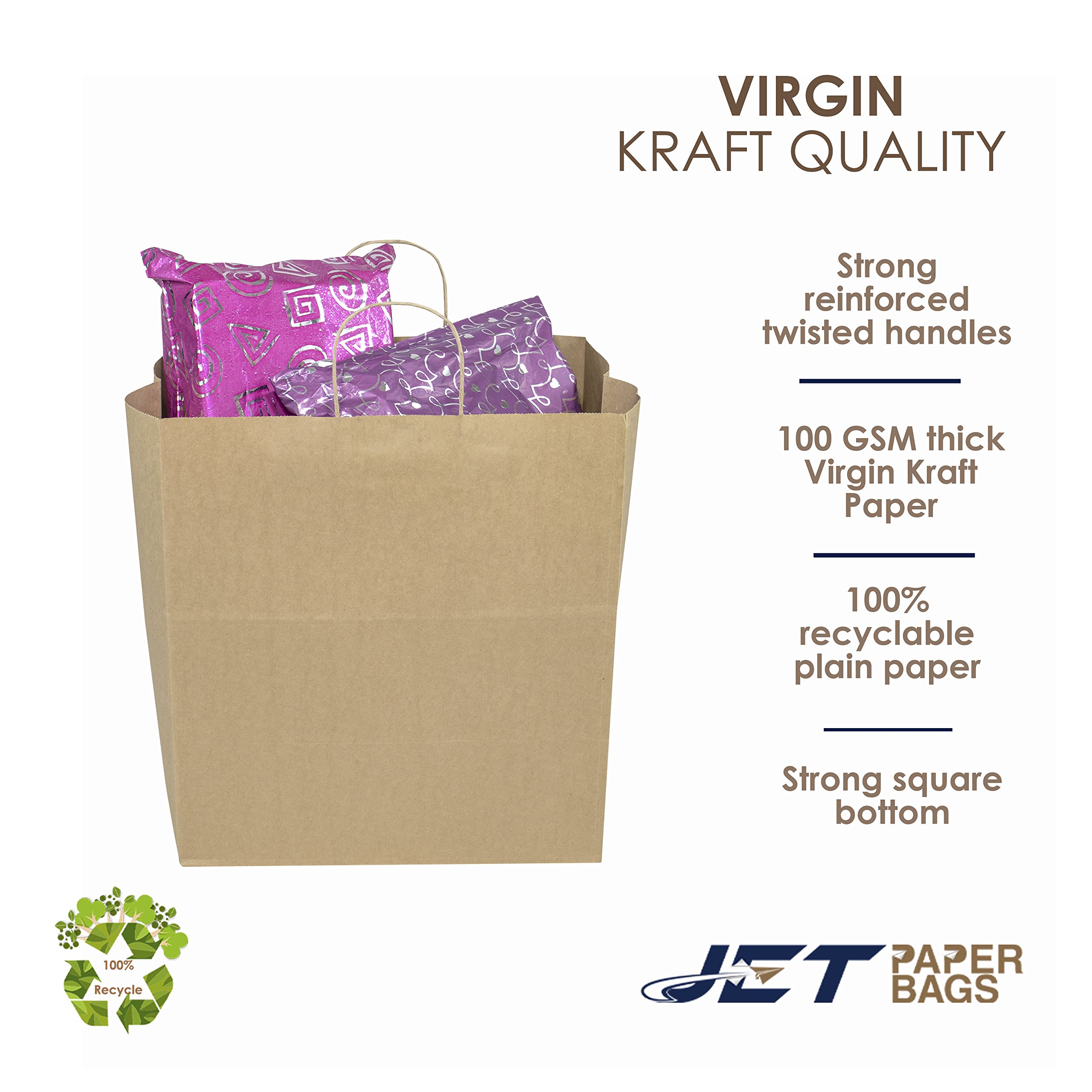 JET PAPER BAGS - 14”x9.5”x15.5” Large Brown Kraft Paper Bags with Handles [250 Pcs] - Eco-Friendly Recyclable Takeout Bags for Grocery, Retail, Parties, Weddings & Gift Giving - Perfect for Food Delivery, Shopping, and Special Occasions