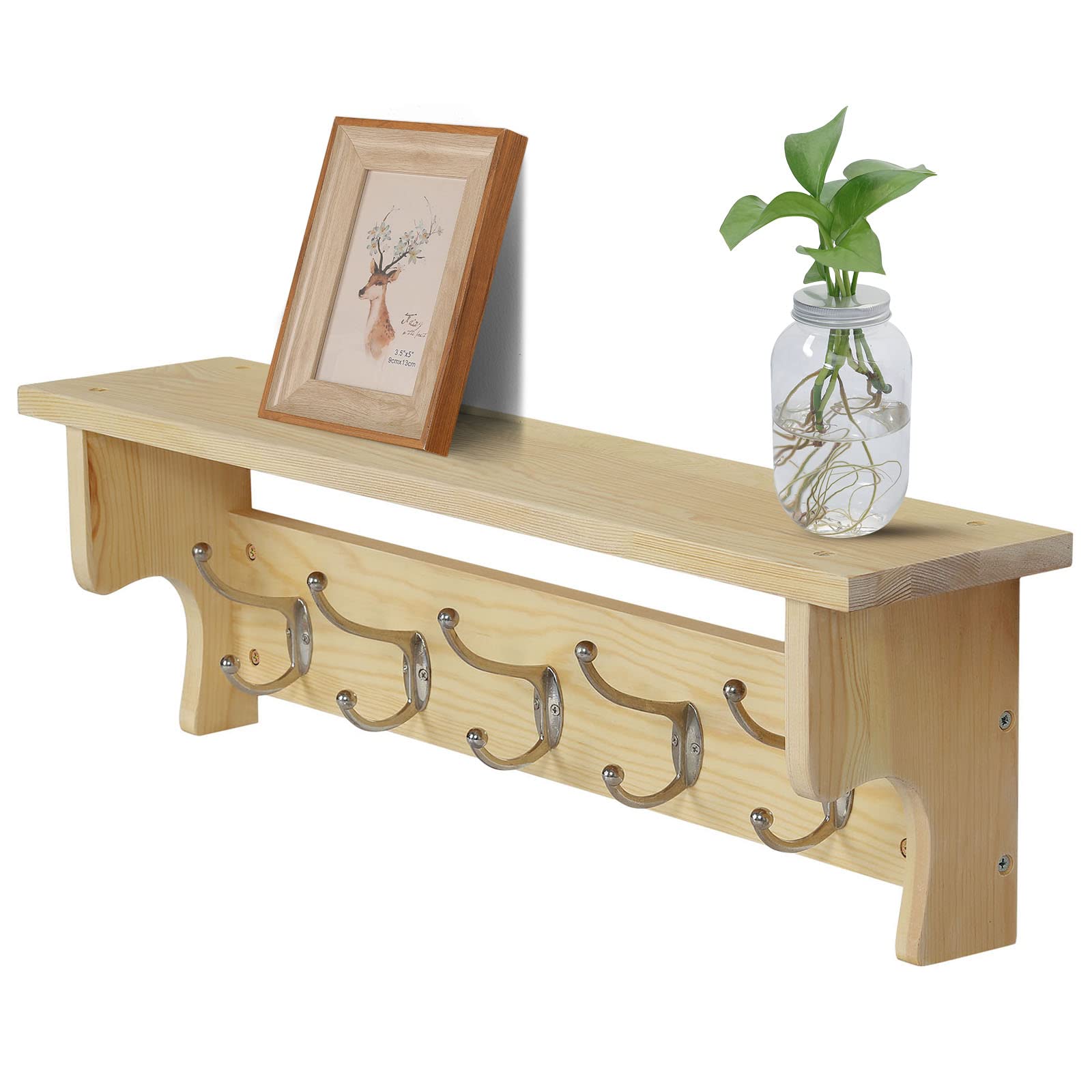 Rustic Wooden Wall Mounted Coat Rack with Shelf - 26 Inch Solid Pine Entryway Organizer with 5 Hooks - Floating Shelf for Kitchen, Bathroom, Mudroom, Laundry & Living Room - Perfect for Hanging Coats, Hats & Towels in Small Spaces