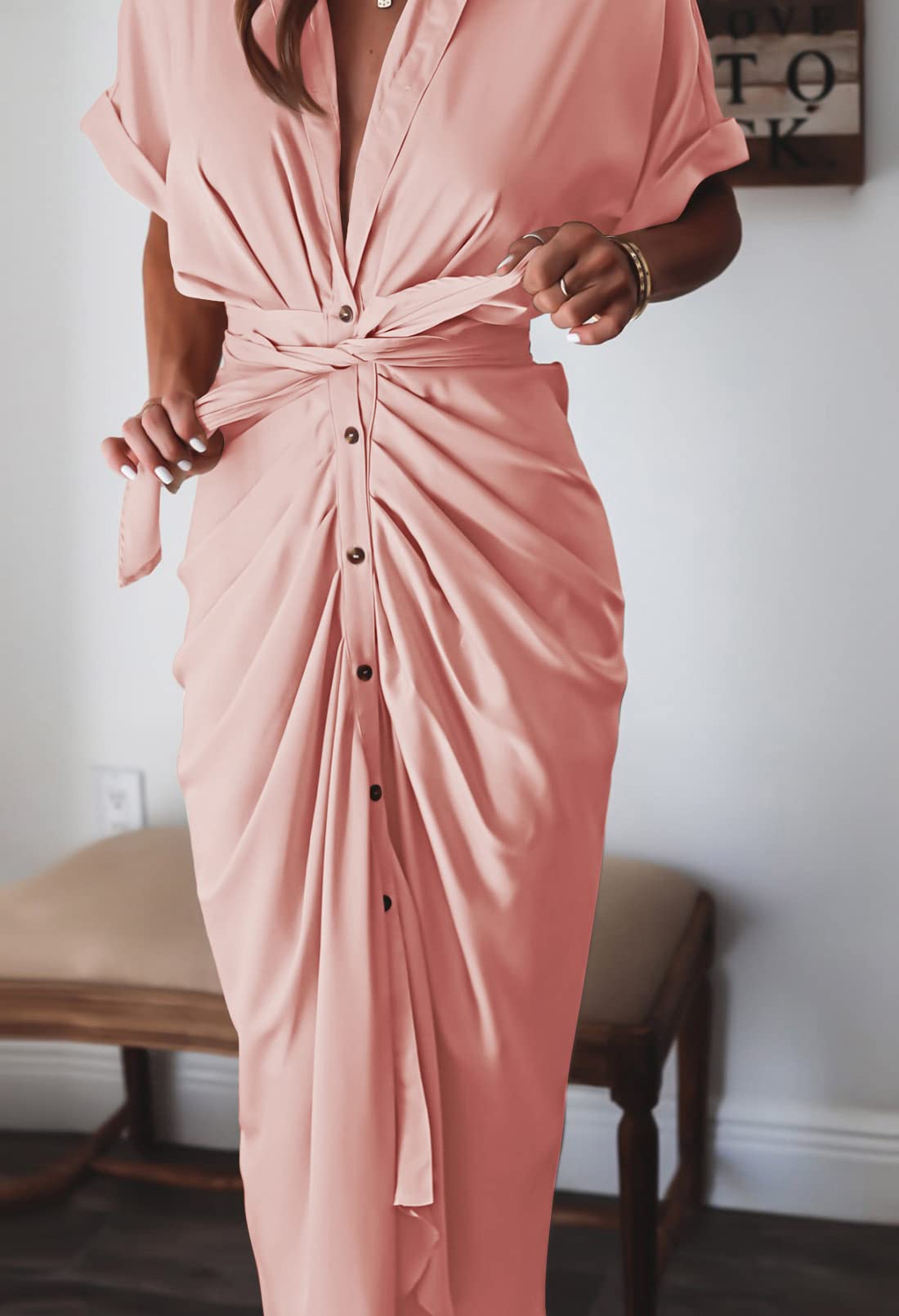 Elegant Women's Satin Button Down Short Sleeve Maxi Shirt Dress with Belt - Perfect for Summer Outings, Beach Vacations & Casual Office Wear