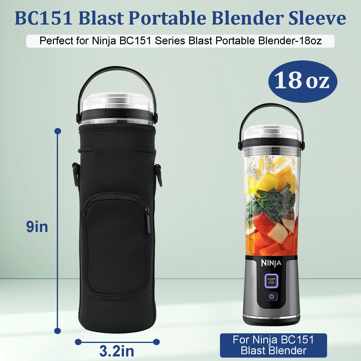 Premium Storage Sleeve Bag for Ninja Blast Portable Blender - Compatible with BC151NV/BC51NV/BC151BK/BC151CR/BC151EM/BC151PR/BC151WH Models - Shoulder Strap & Accessory Pocket Included - Perfect for Travel, Gym & Outdoor Blending (Black)