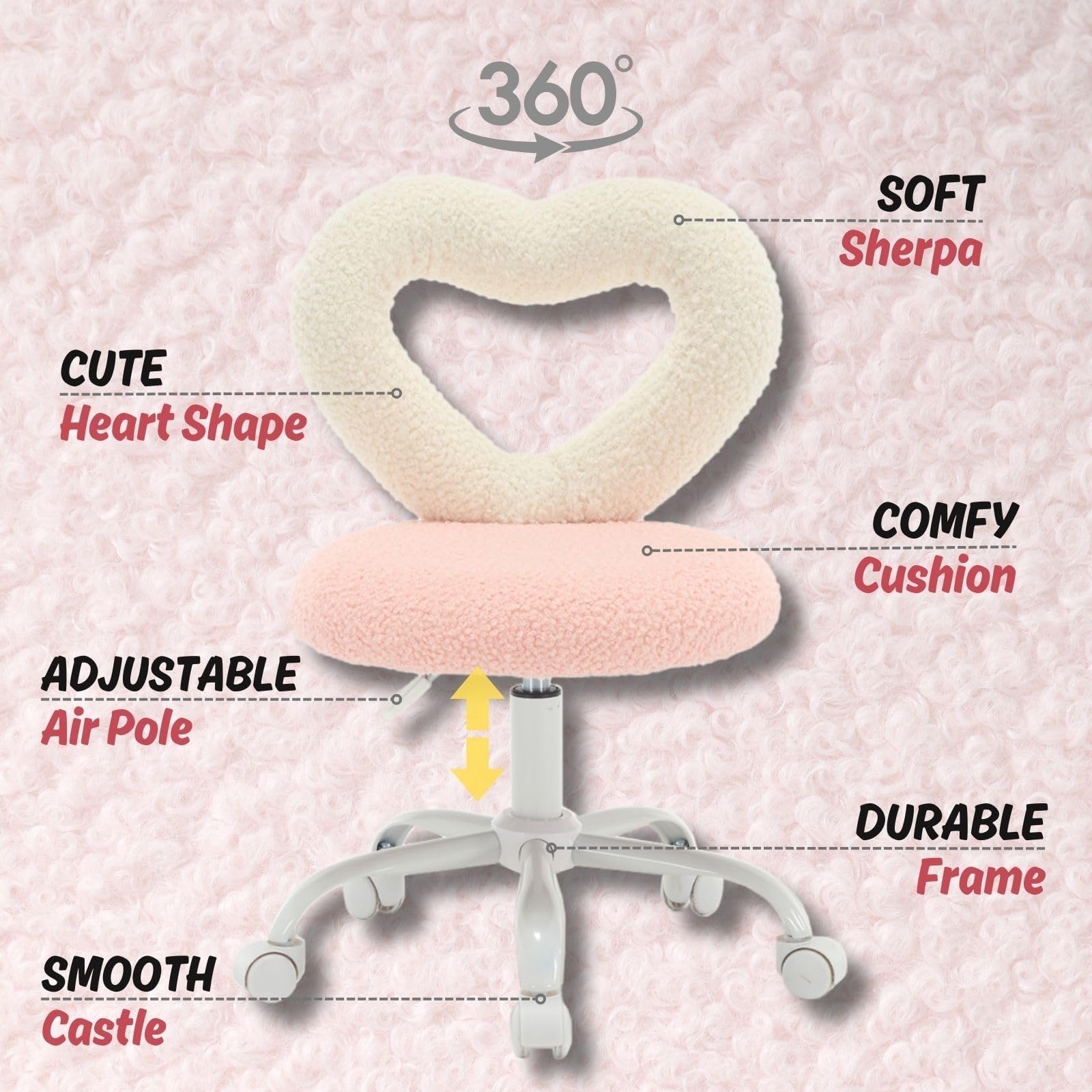 LukeAlon Adjustable Kids Desk Chair with Rolling Wheels - Sherpa Heart Back Swivel Chair for Boys & Girls, Pink & White | Ergonomic Study Chair for Teens, Children's Computer Chair for Home & Classroom Use