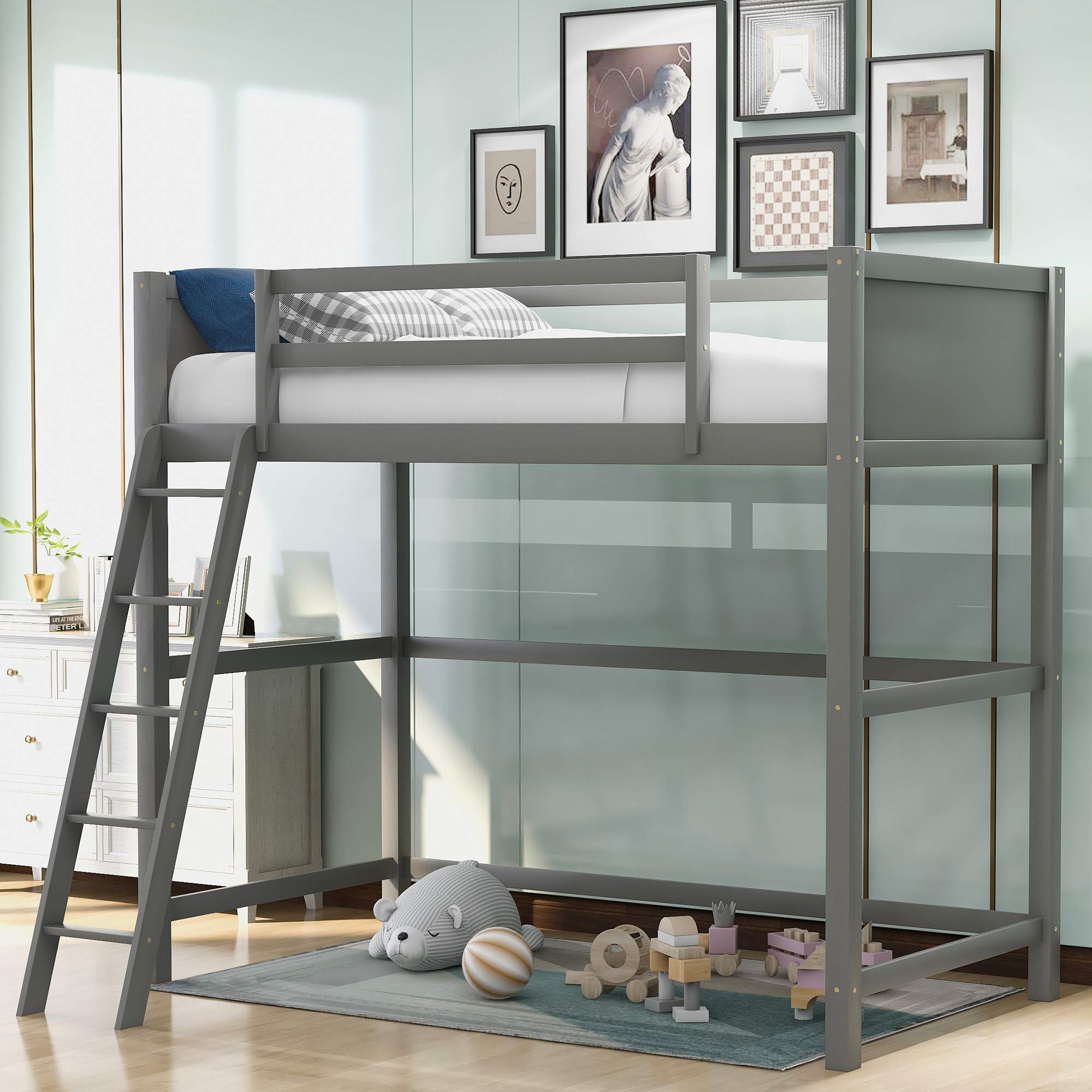 Merax Twin Loft Bed with Ladder & Guardrail - Sturdy Wood Frame for Kids & Teens - Space-Saving Gray Twin Size Loft Bed - Perfect for Small Bedrooms, Dorms & Guest Rooms