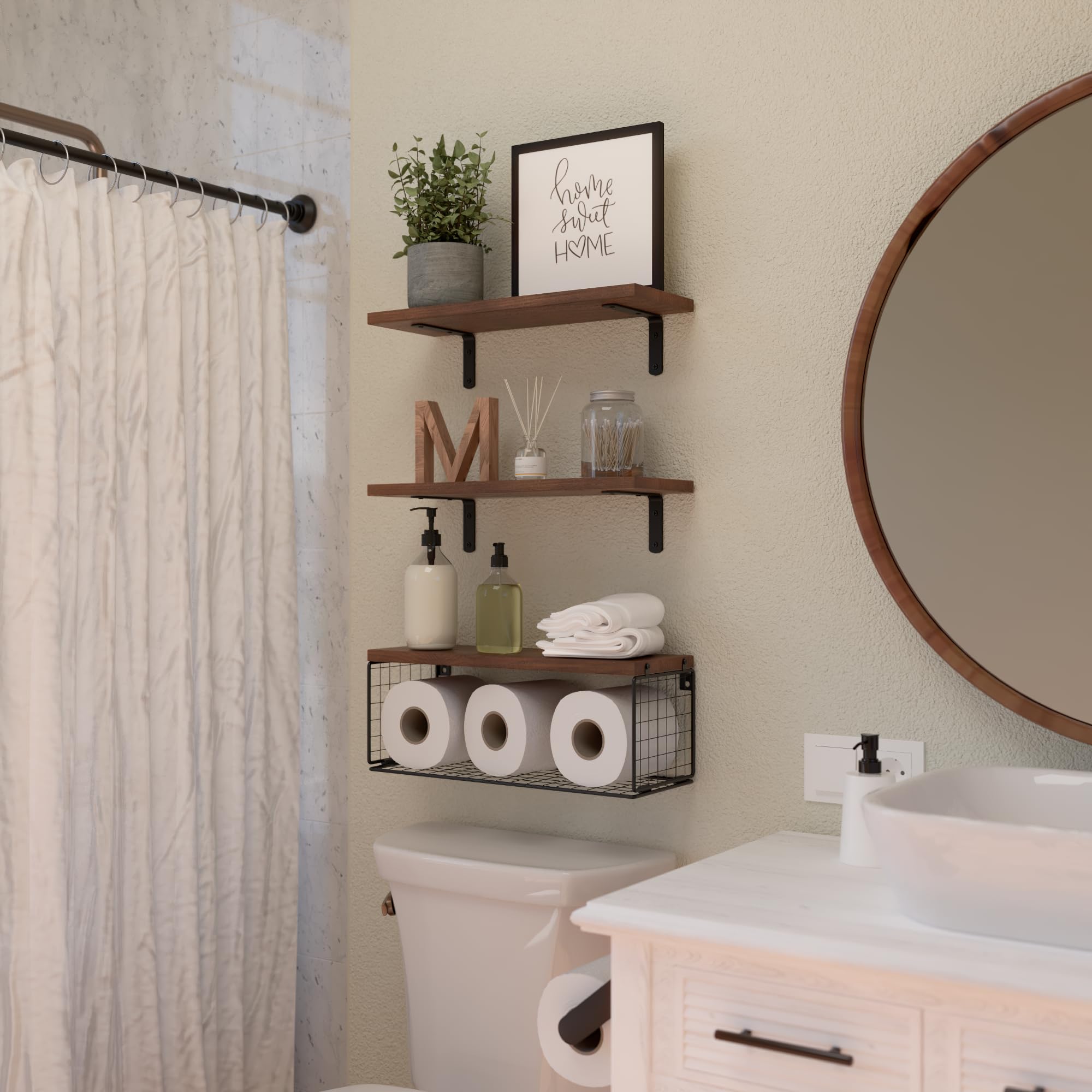 WOPITUES Rustic Brown Floating Bathroom Shelf Over Toilet - Wall Mounted Storage Organizer with Wire Basket for Towels & Decor | Space-Saving Bathroom Organization Solution for Small Spaces