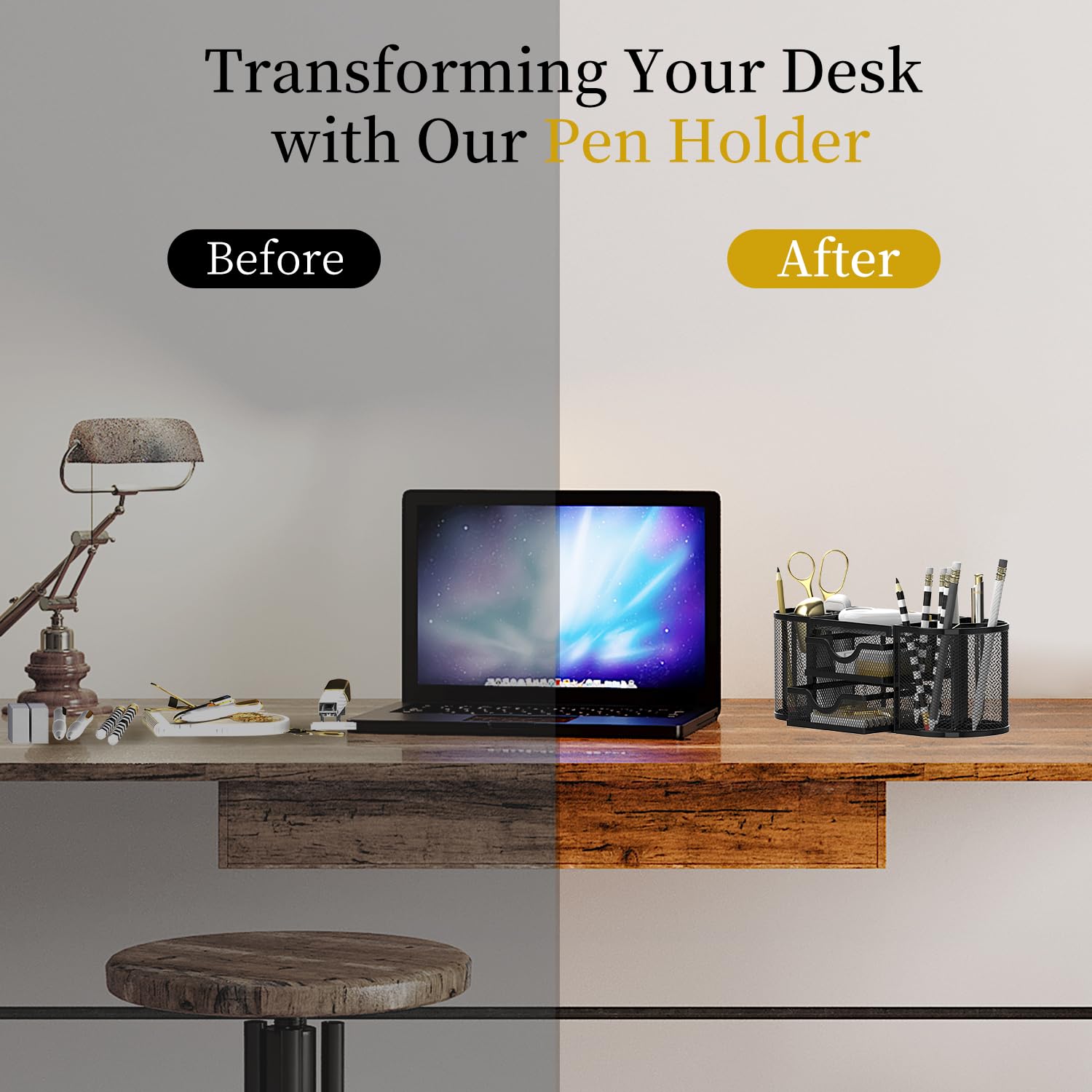 SUPEASY Mesh Desk Organizer with 2 Drawers - Black Office Desk Accessory for Pens, Pencils & Supplies | Perfect for Home Office, School & Workspace Organization