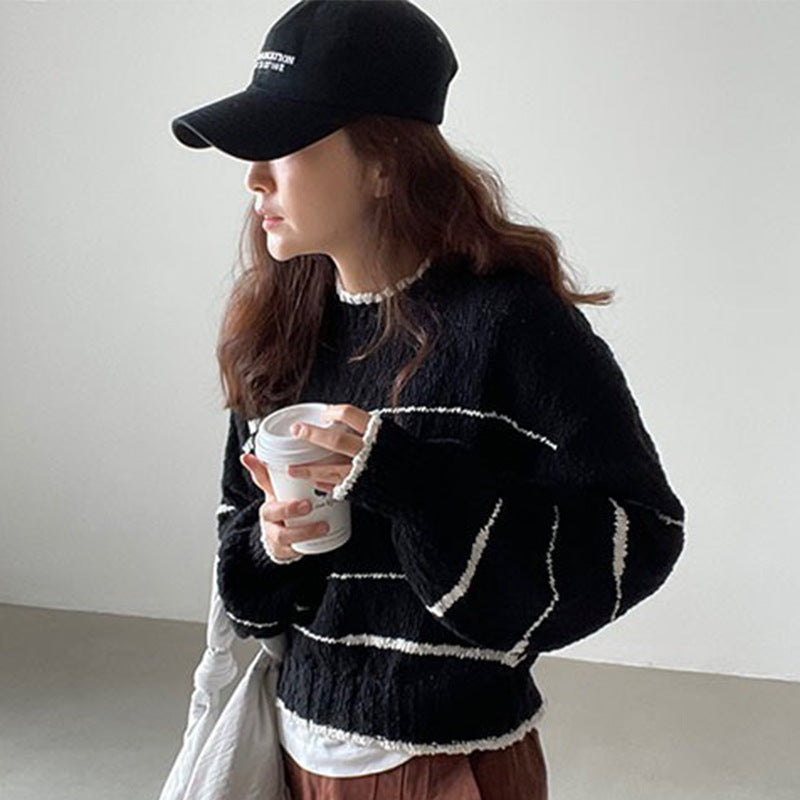 Cozy Striped Pullover Sweater for Women - Loose Casual Long Sleeve Winter Knitwear | Perfect for Autumn Layering, Lounge Wear & Coffee Dates