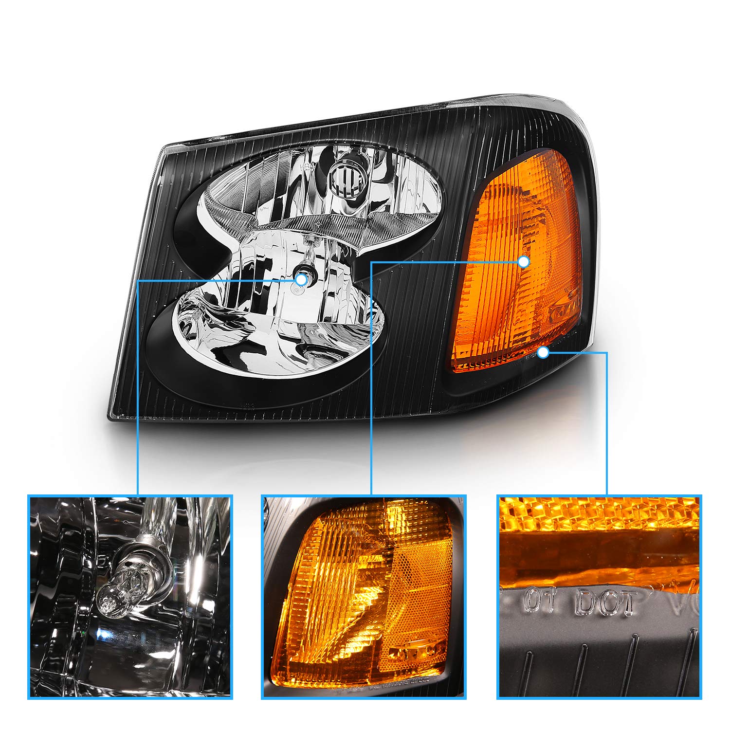 AmeriLite Black Replacement Headlights Set for GMC Envoy - Left & Right Side with Hi/Lo Beam Bulbs | Durable Auto Lighting Upgrade for Night Driving & Off-Road Adventures