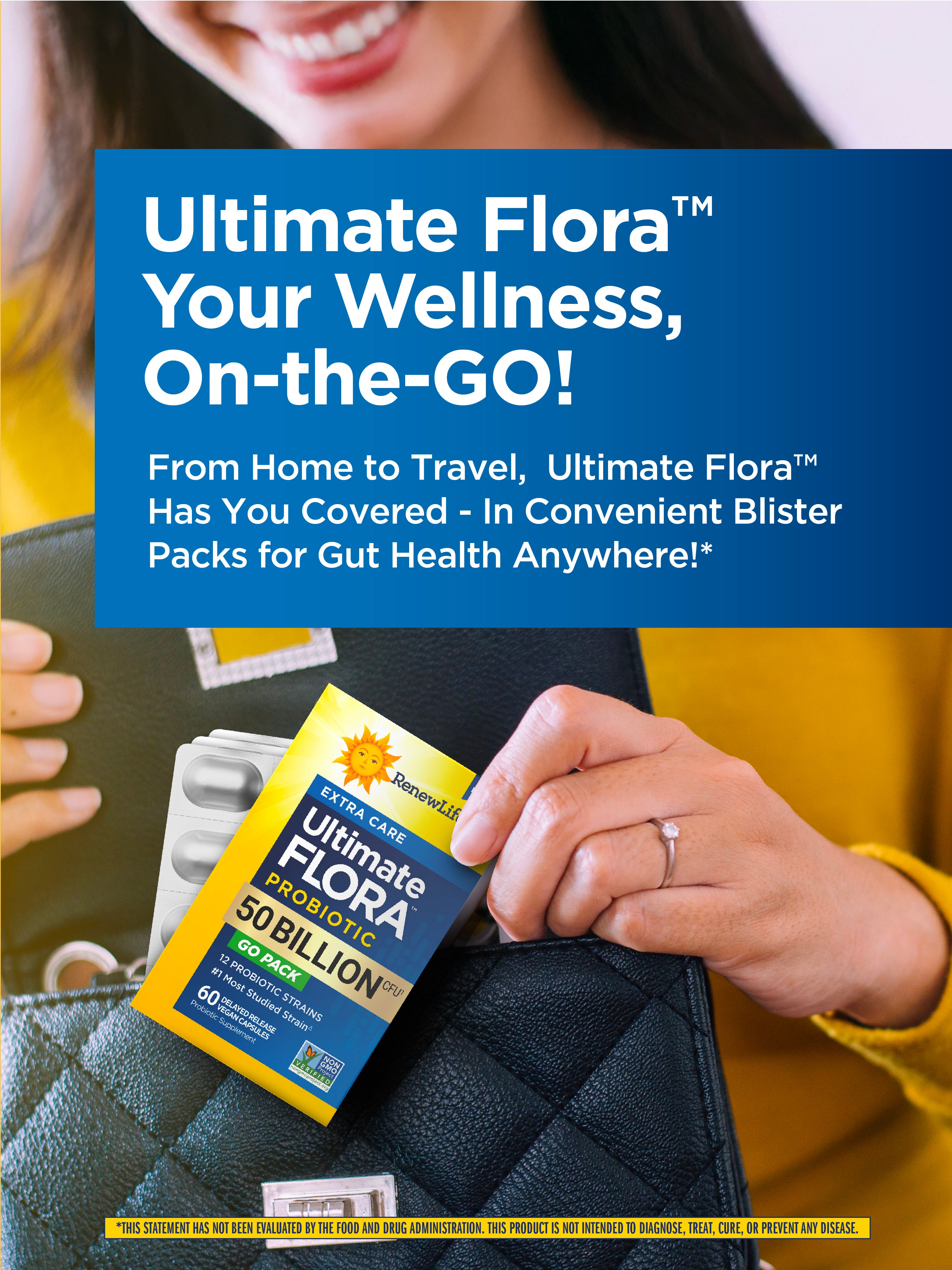 Ultimate Flora Extra Care Probiotic 50 Billion CFU - 60 Delayed Release Vegan Capsules for Digestive & Immune Support | Travel-Friendly GO PACK for Gut Health on the Go