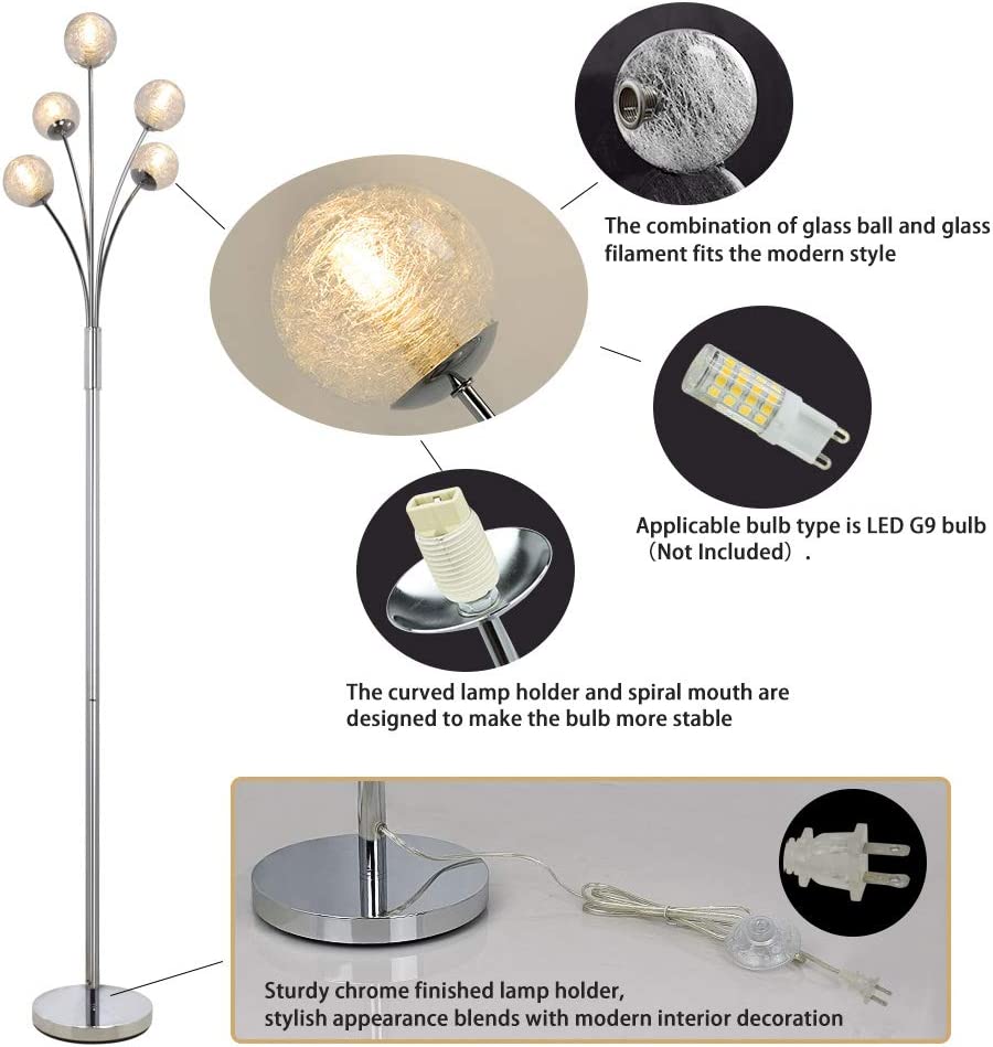 Modern Globe LED Floor Lamp - 5-Light Tall Standing Tree Lamp for Living Room & Bedroom, Mid-Century Contemporary Home Decor with Glass Shade (Silver) - Perfect for Ambient Lighting, Reading Nook & Cozy Spaces