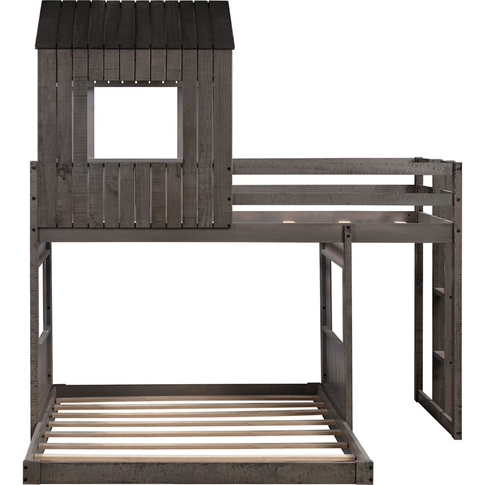 Solid Wood L-Shaped Twin Over Full Bunk Bed with Roof & 4 Windows - Sturdy Loft Bed Frame with Full-Length Guardrails & Ladder - No Box Spring Needed in Antique Gray - Perfect for Kids' Bedroom, Guest Room & Small Space Living