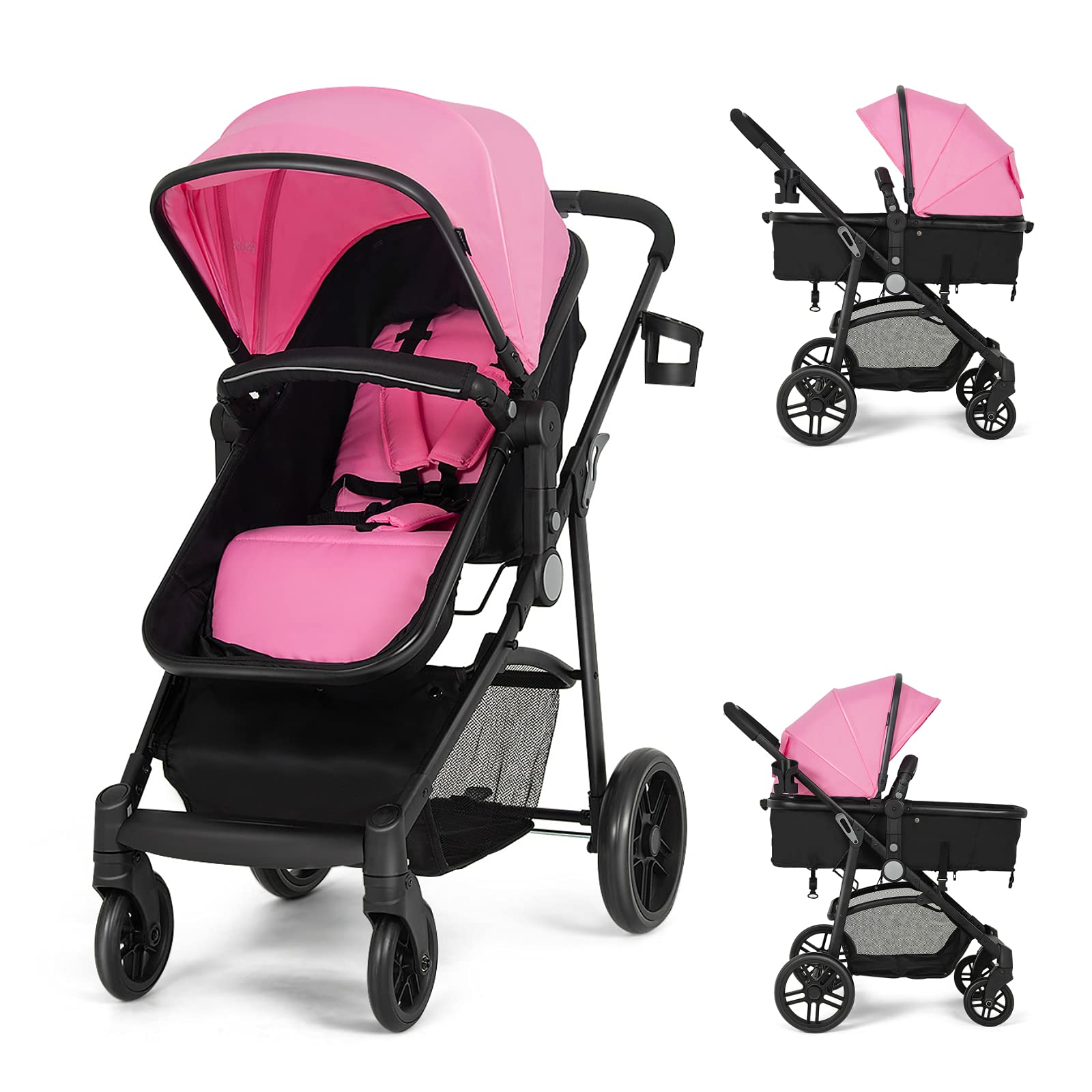 **HONEY JOY Baby Stroller - Convertible Infant Bassinet Stroller with Adjustable Canopy & Backrest, Large Storage Basket & Cup Holder, Foldable Newborn Carriage Pram (Pink) | Perfect for Walks, Travel & Shopping**