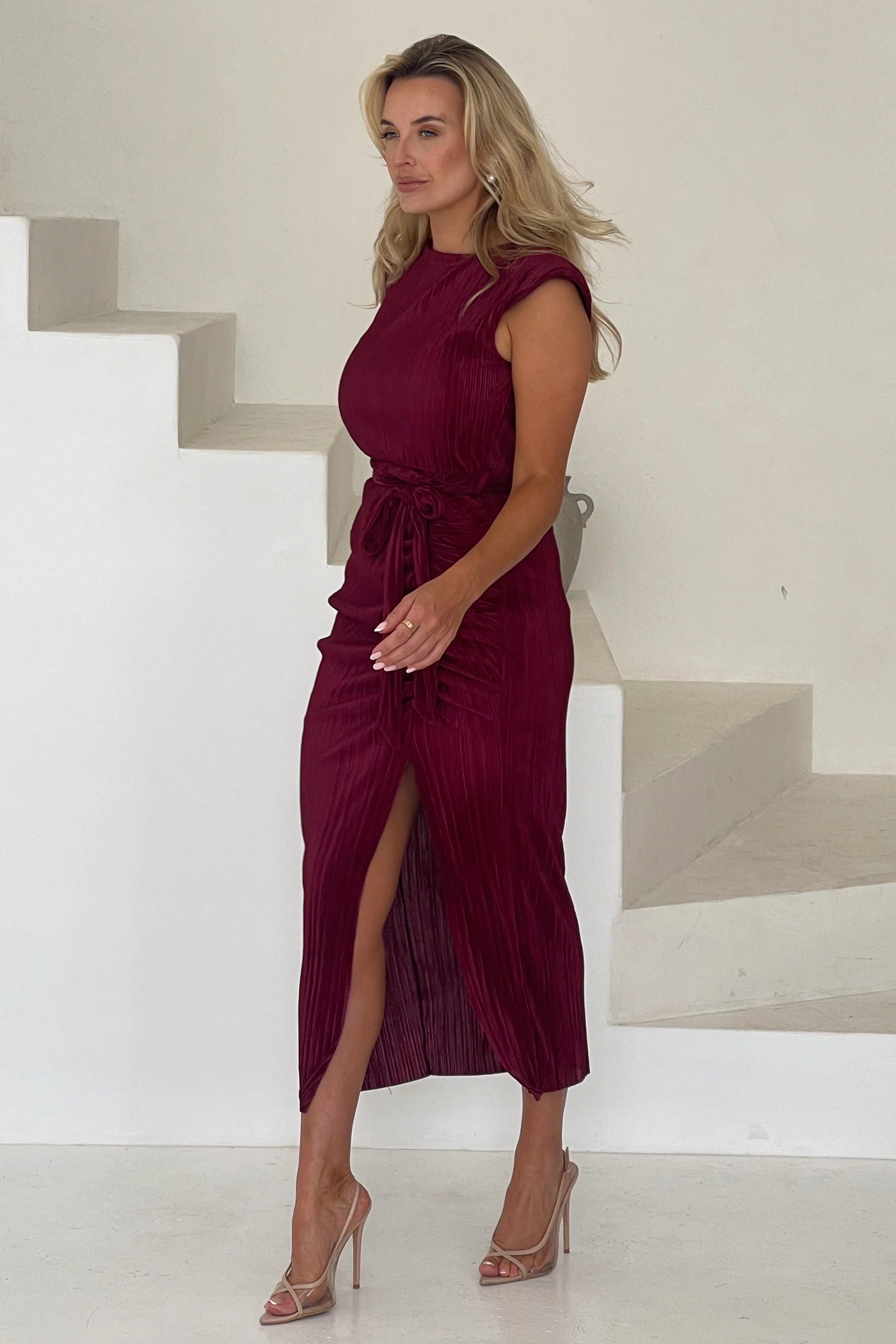 Elena Ruched Seamed Midi Dress for Women - Elegant Wine Red Bodycon Party Dress for Cocktail, Wedding Guest, Date Night & Special Occasions