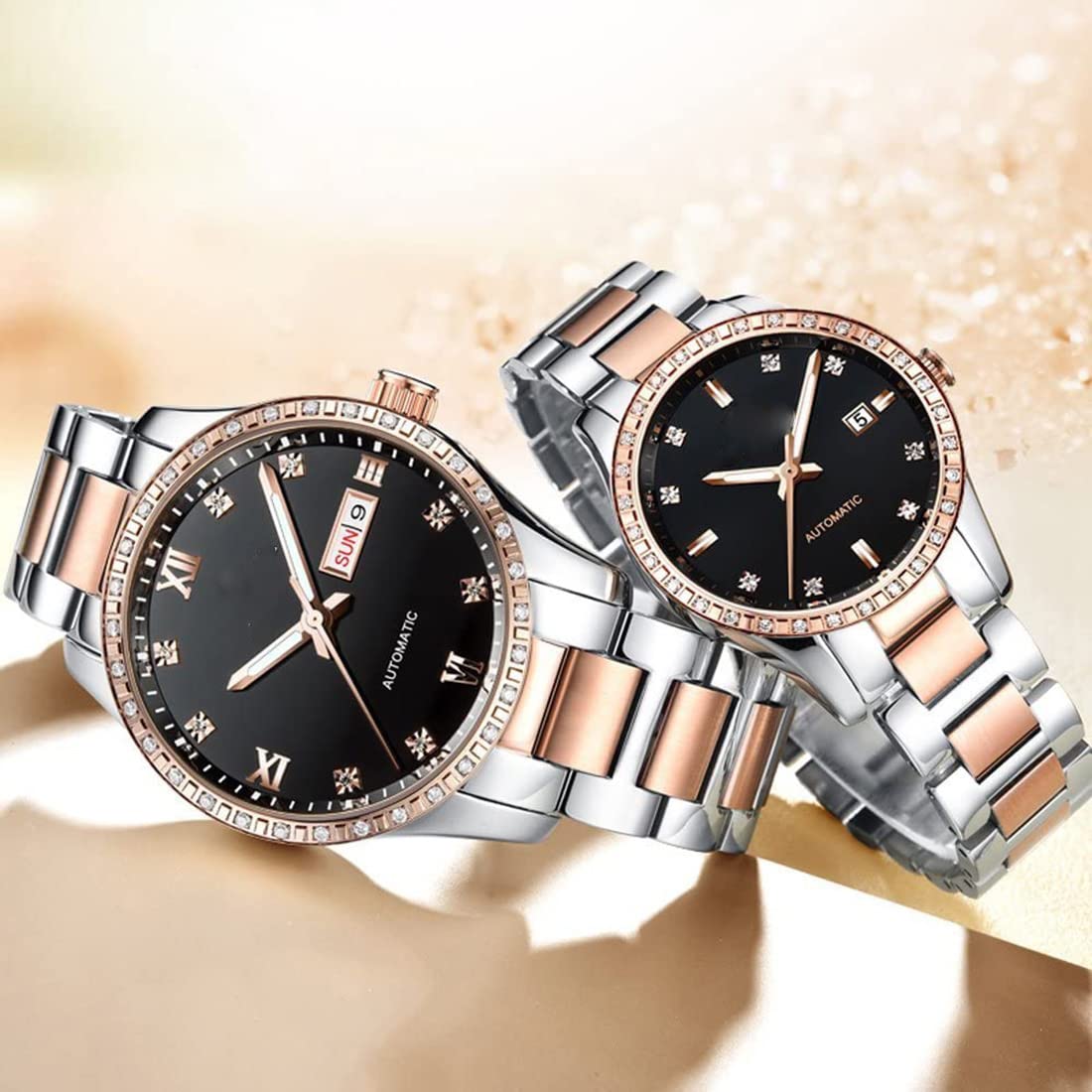 Automatic Self-Winding Couple Watches Set - Luxury Stainless Steel His & Hers Matching Watches with Calendar Date Display - Perfect Anniversary, Wedding, and Valentine's Day Gifts for Couples