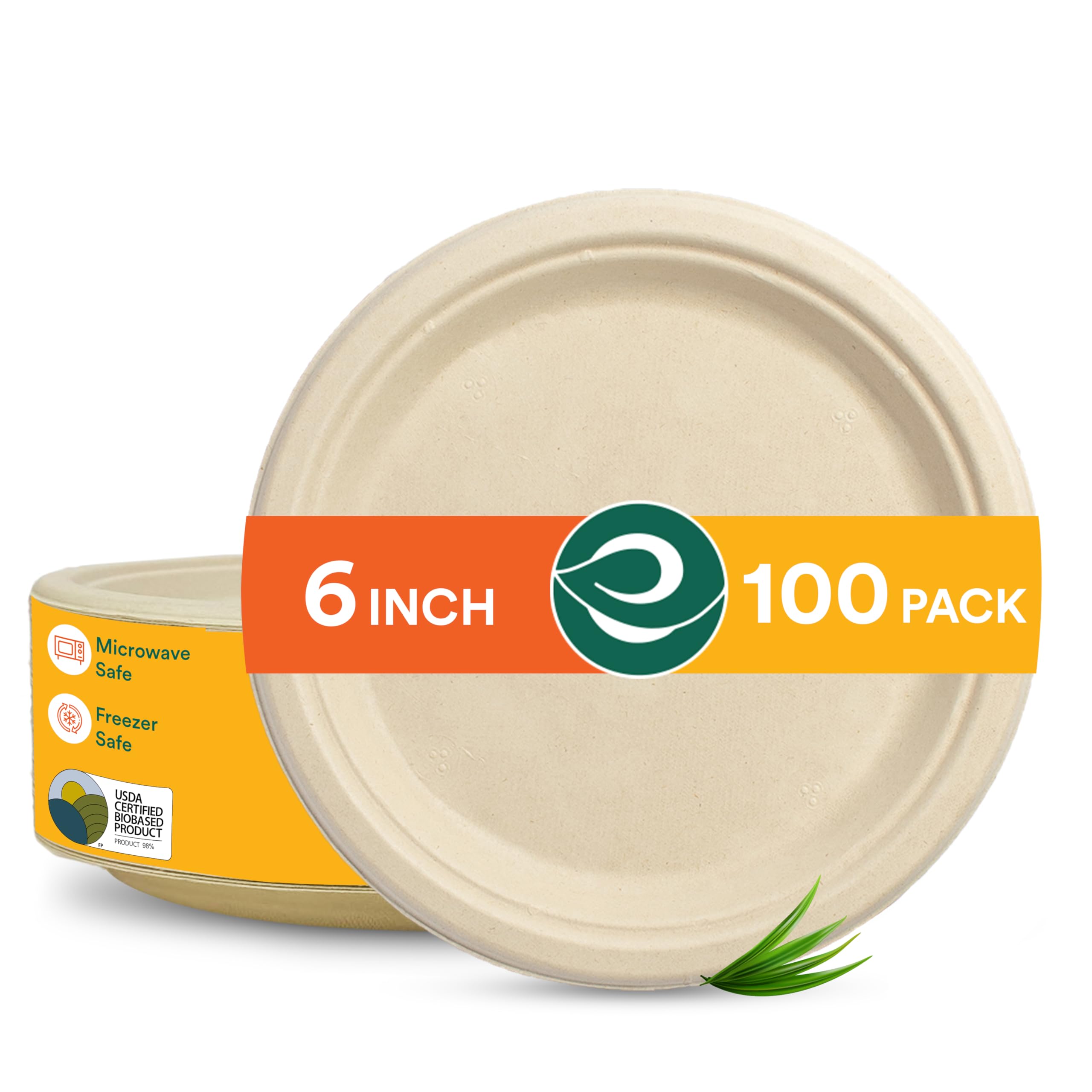 ECO SOUL 6 Inch 100-Pack Biodegradable Sugarcane Plates | Eco-Friendly Disposable Bagasse Dinnerware for Parties, Weddings & Events | Round Beige Plates (15 cm) | Perfect for Snacks, Desserts & Catering